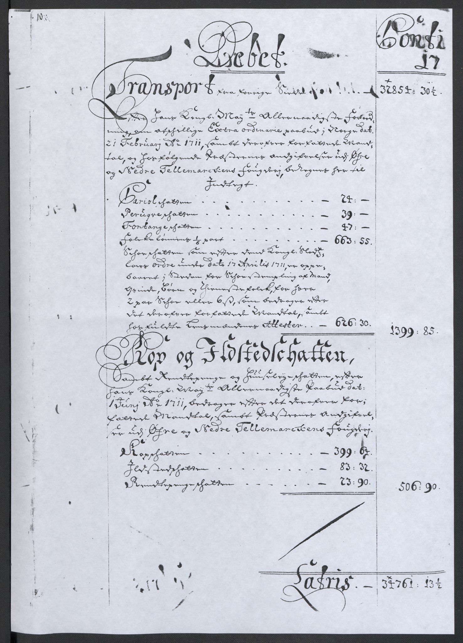 Rentekammeret inntil 1814, Reviderte regnskaper, Fogderegnskap, AV/RA-EA-4092/R36/L2120: Fogderegnskap Øvre og Nedre Telemark og Bamble, 1711, s. 13