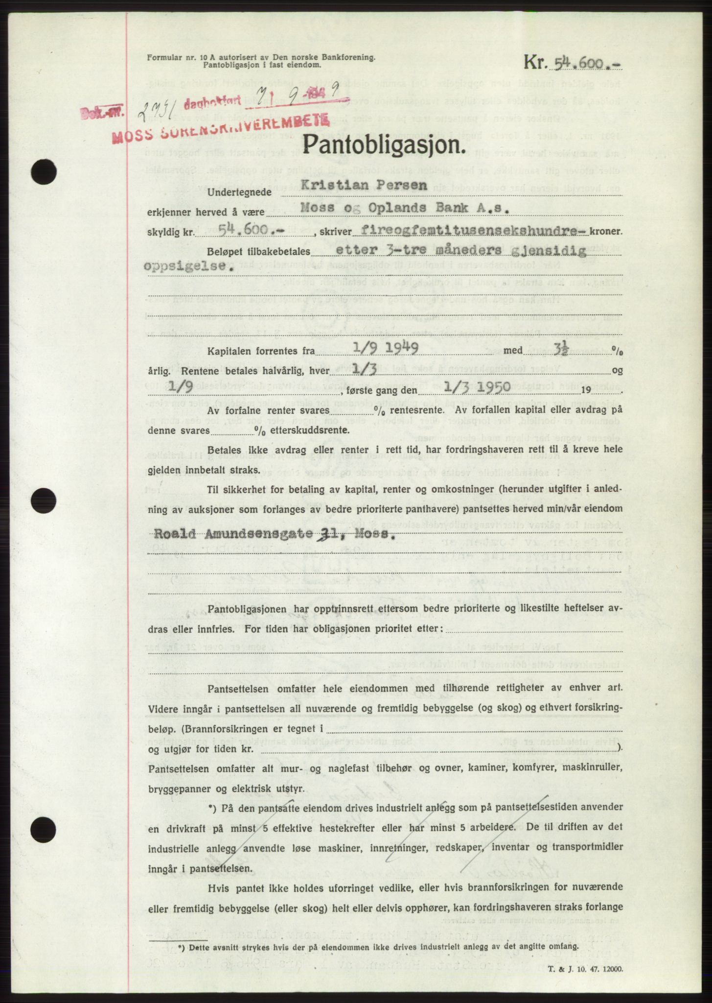 Moss sorenskriveri, SAO/A-10168: Pantebok nr. B22, 1949-1949, Dagboknr: 2731/1949