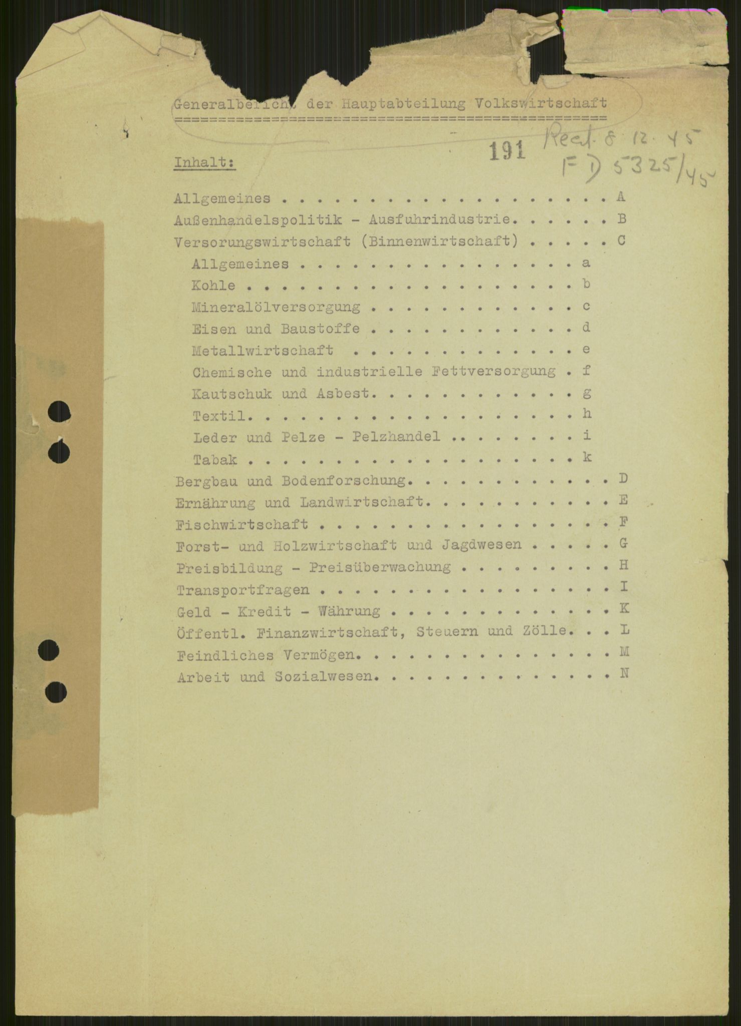 Documents Section, AV/RA-RAFA-2200/F/L0049/0015: Dokumenter returnert fra Imperial War Museum (IWM) / FD 5325/45.  Hauptabt. Volkswirtschaft: Generalbericht 21.04.1940-31.12.1942.
IWM Box S 337, File No. 2.  Cover No. III., 1940-1942