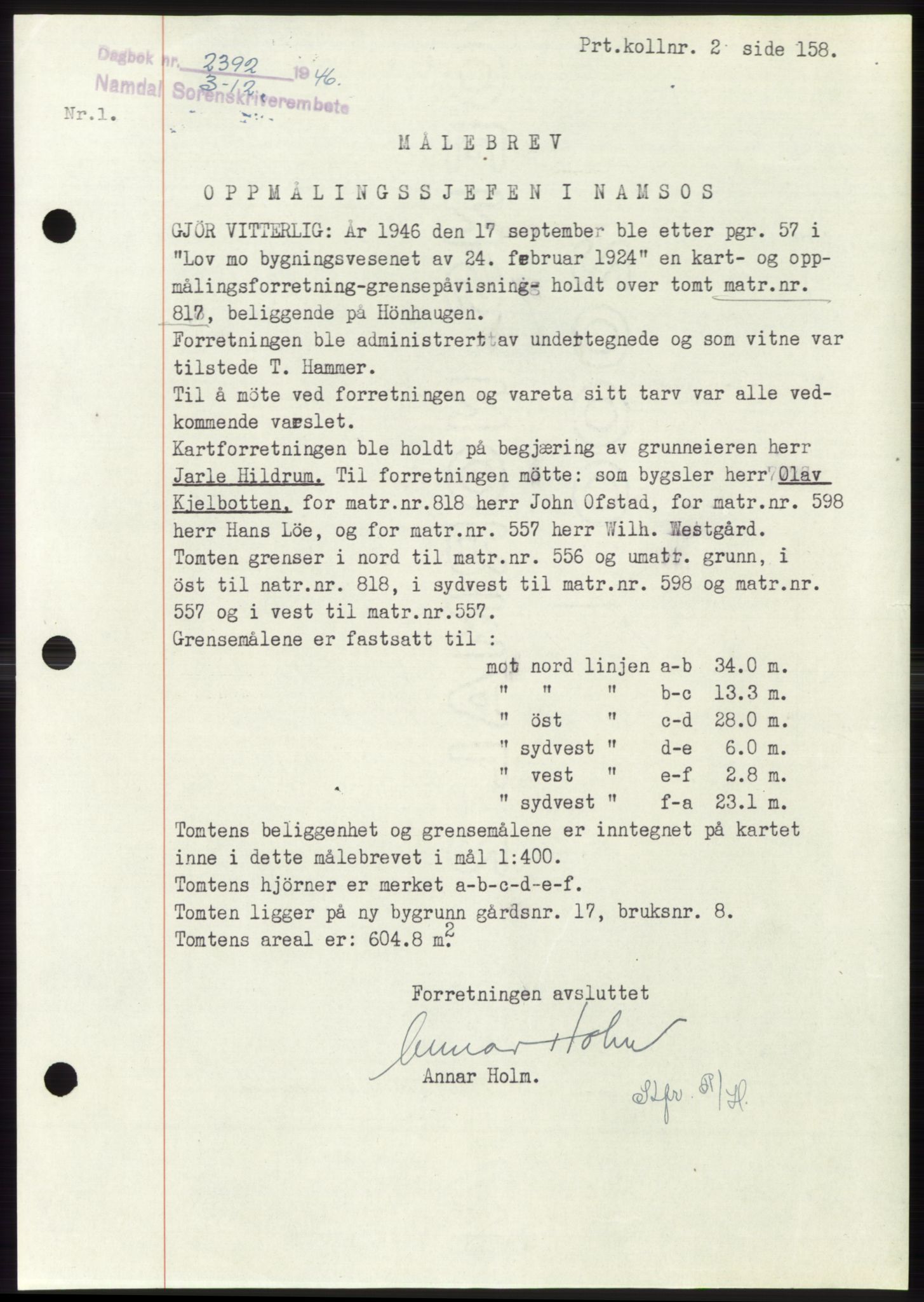 Namdal sorenskriveri, SAT/A-4133/1/2/2C: Pantebok nr. -, 1946-1947, Dagboknr: 2392/1946