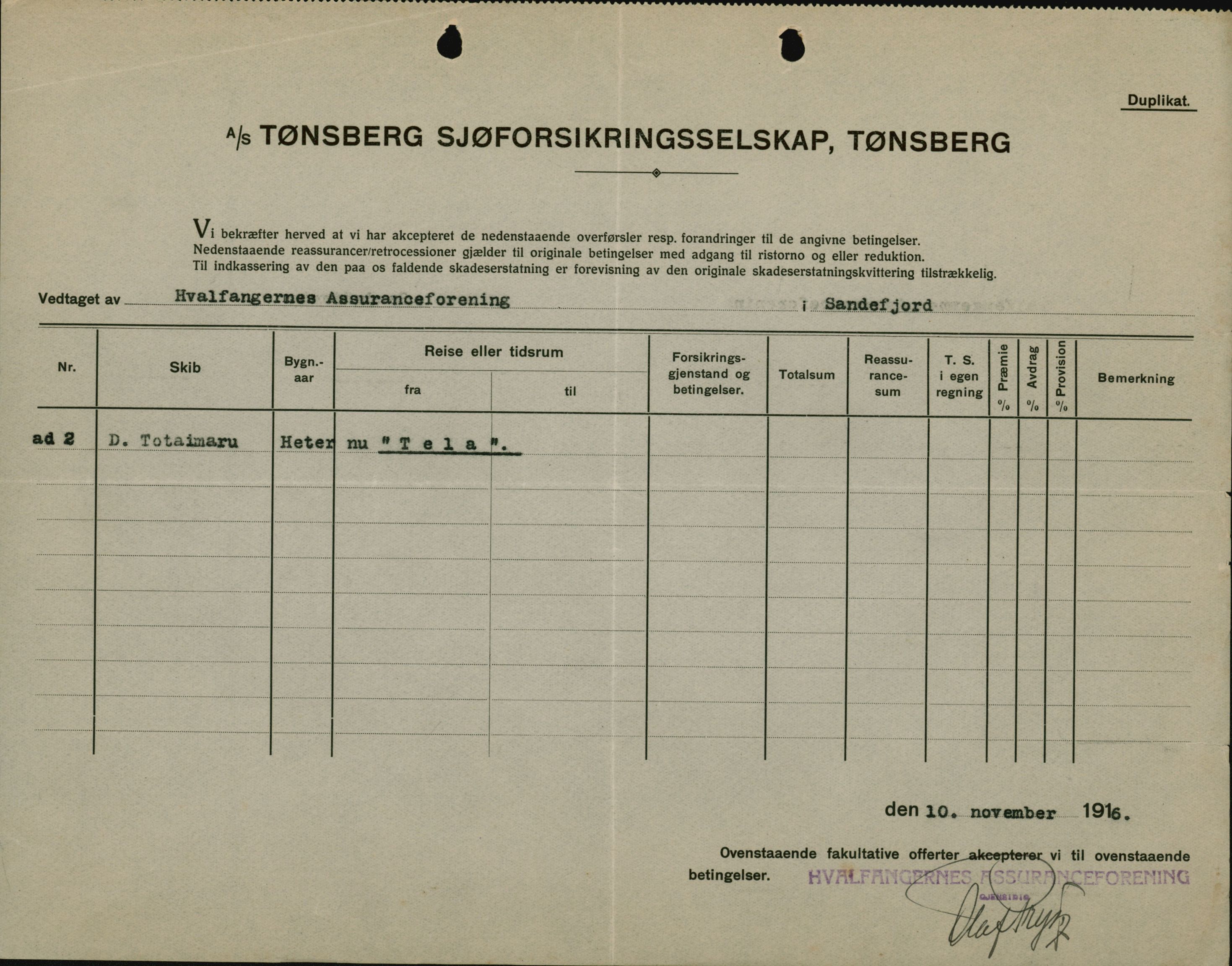 Pa 664 - Tønsberg Sjøforsikringsselskap, VEMU/A-1773/F/L0001: Forsikringspoliser, 1915-1918