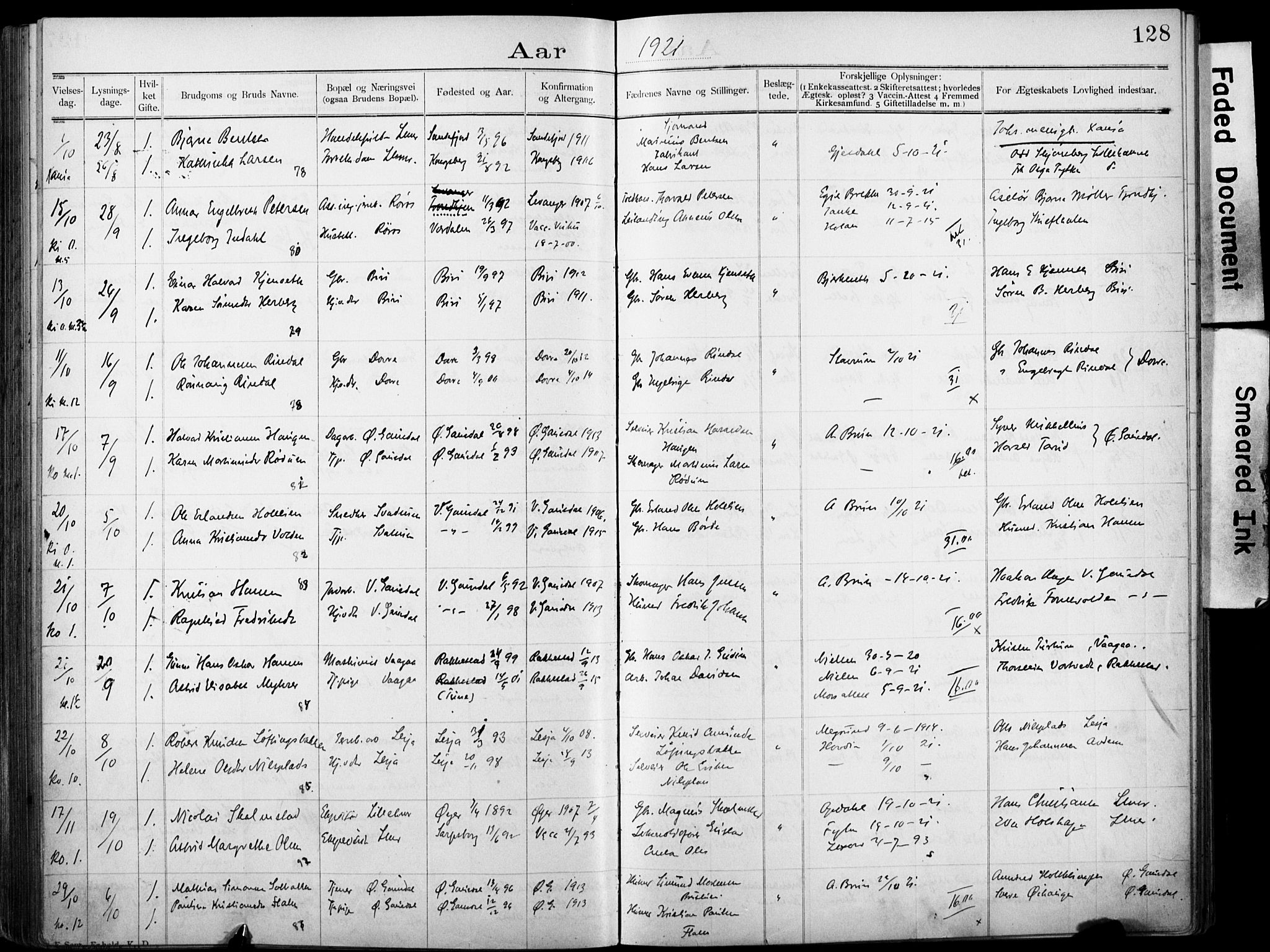 Lillehammer prestekontor, AV/SAH-PREST-088/I/Ie: Lysningsprotokoll nr. 1, 1903-1932, s. 128