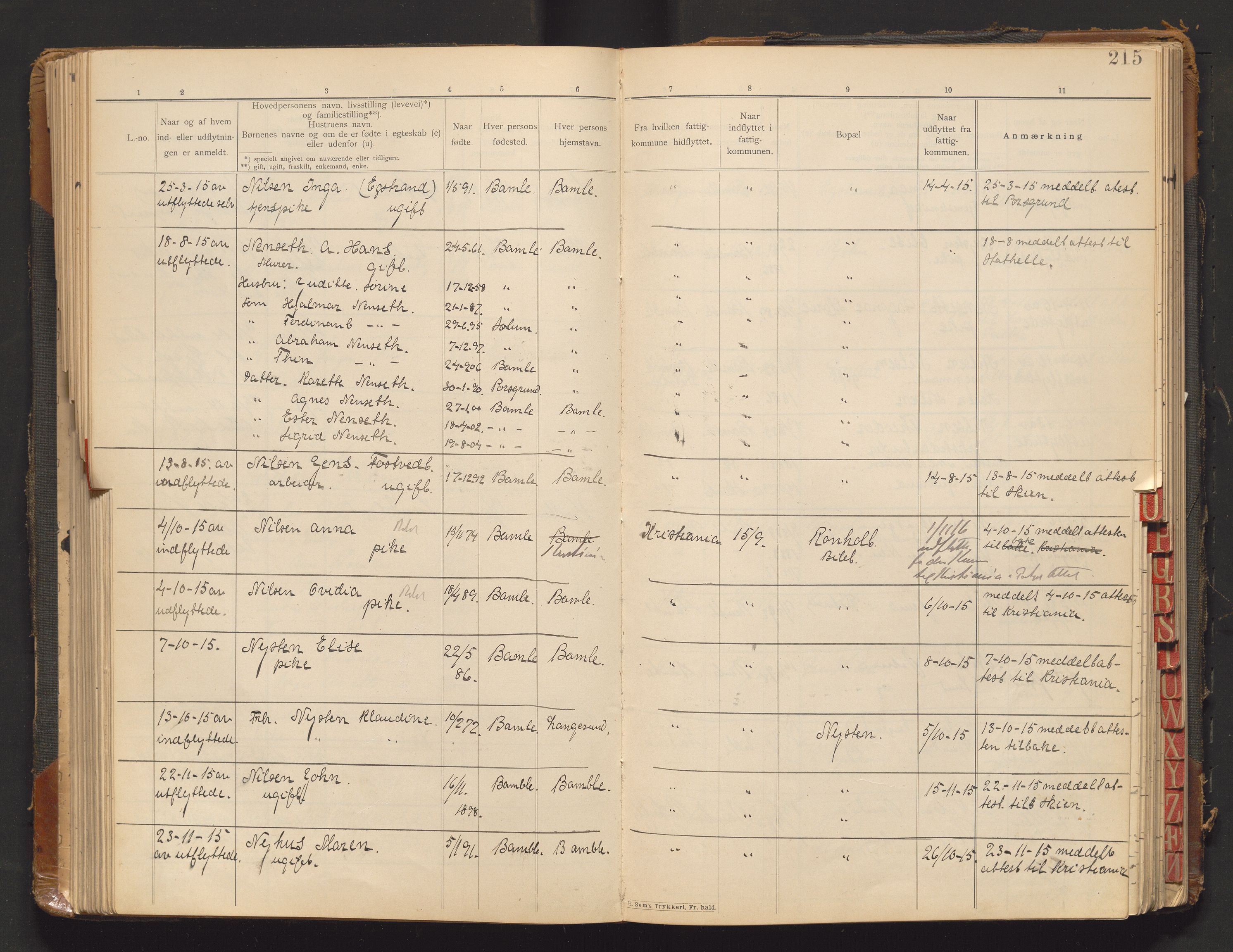 Bamble lensmannskontor, AV/SAKO-A-552/O/Oa/L0001: Protokoll over inn- og utflyttede - Bamble, 1901-1933, s. 215
