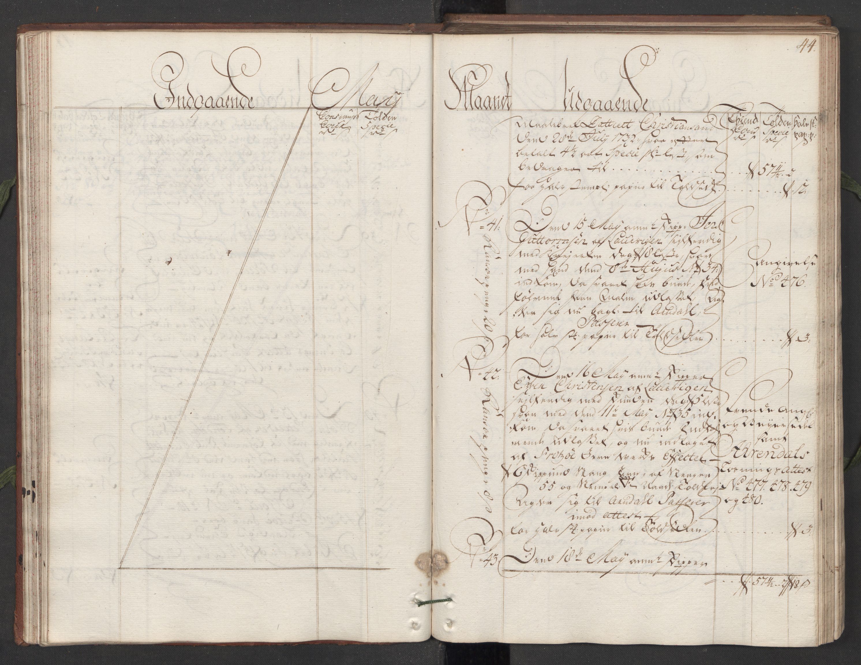 Generaltollkammeret, tollregnskaper, AV/RA-EA-5490/R11/L0015a/0001: Tollregnskaper Larvik og Sandefjord / Hovedtollbok, 1733, s. 43b-44a