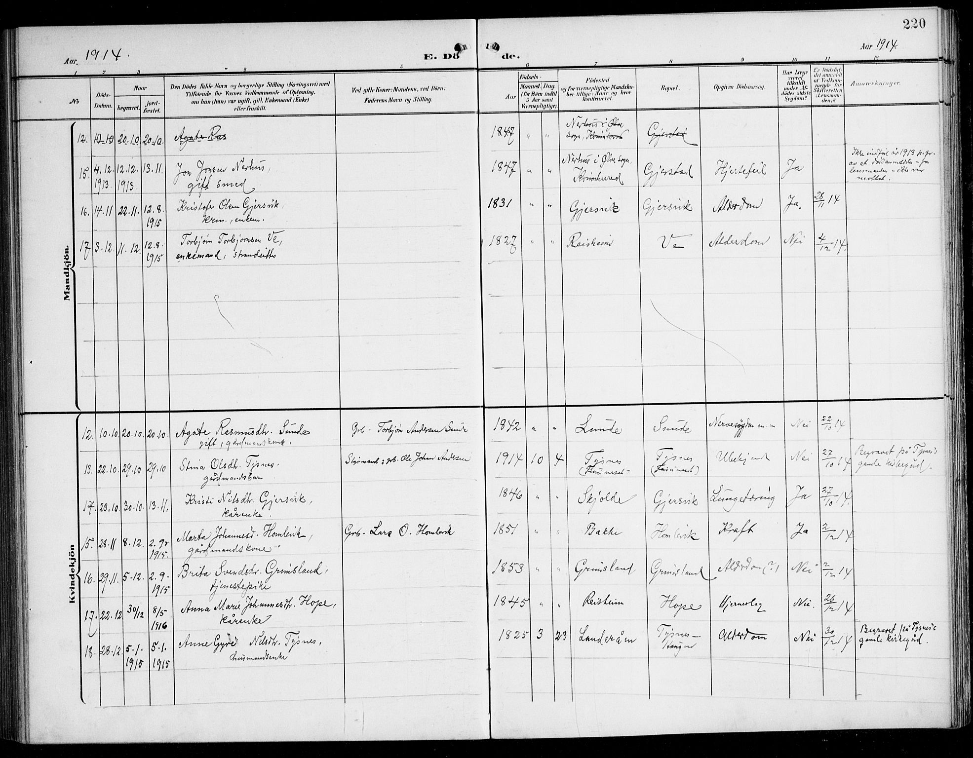 Tysnes sokneprestembete, SAB/A-78601/H/Haa: Ministerialbok nr. B 2, 1907-1925, s. 220