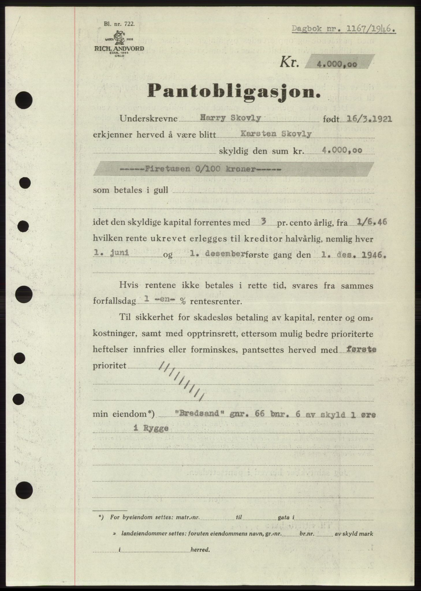 Moss sorenskriveri, SAO/A-10168: Pantebok nr. B15, 1946-1946, Dagboknr: 1167/1946