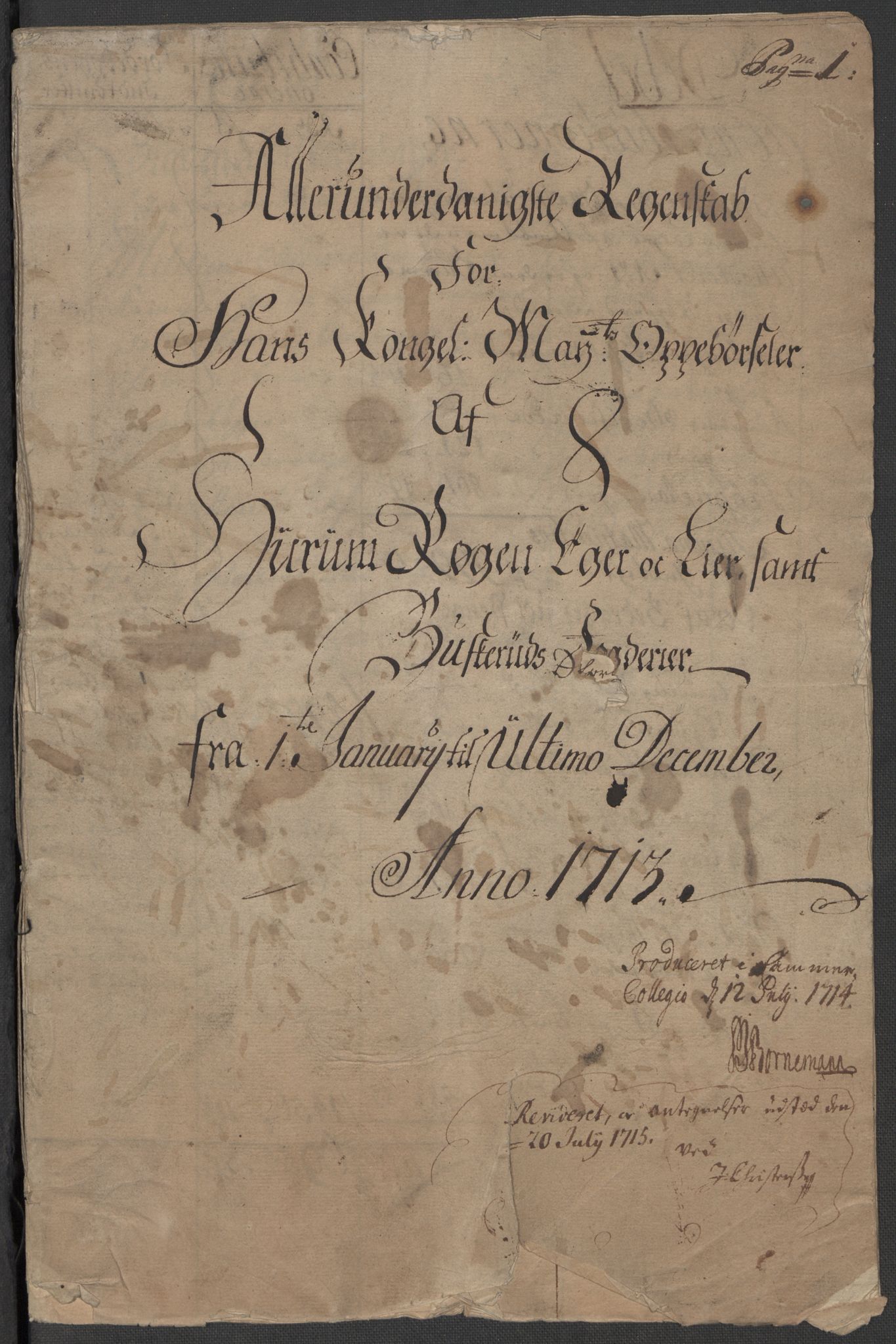 Rentekammeret inntil 1814, Reviderte regnskaper, Fogderegnskap, RA/EA-4092/R31/L1708: Fogderegnskap Hurum, Røyken, Eiker, Lier og Buskerud, 1713, s. 3