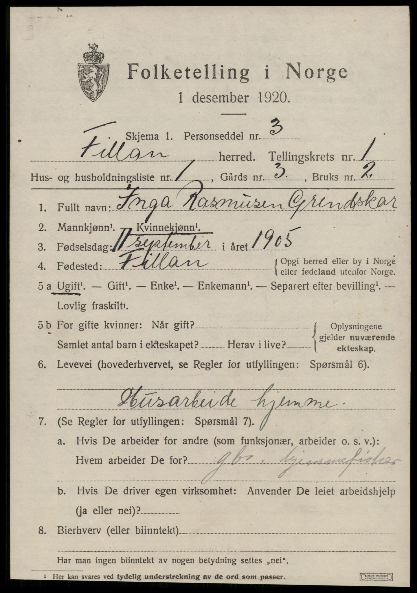SAT, Folketelling 1920 for 1616 Fillan herred, 1920, s. 592
