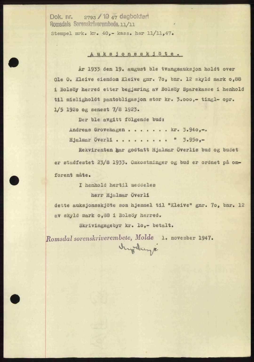 Romsdal sorenskriveri, SAT/A-4149/1/2/2C: Pantebok nr. A24, 1947-1947, Dagboknr: 2793/1947