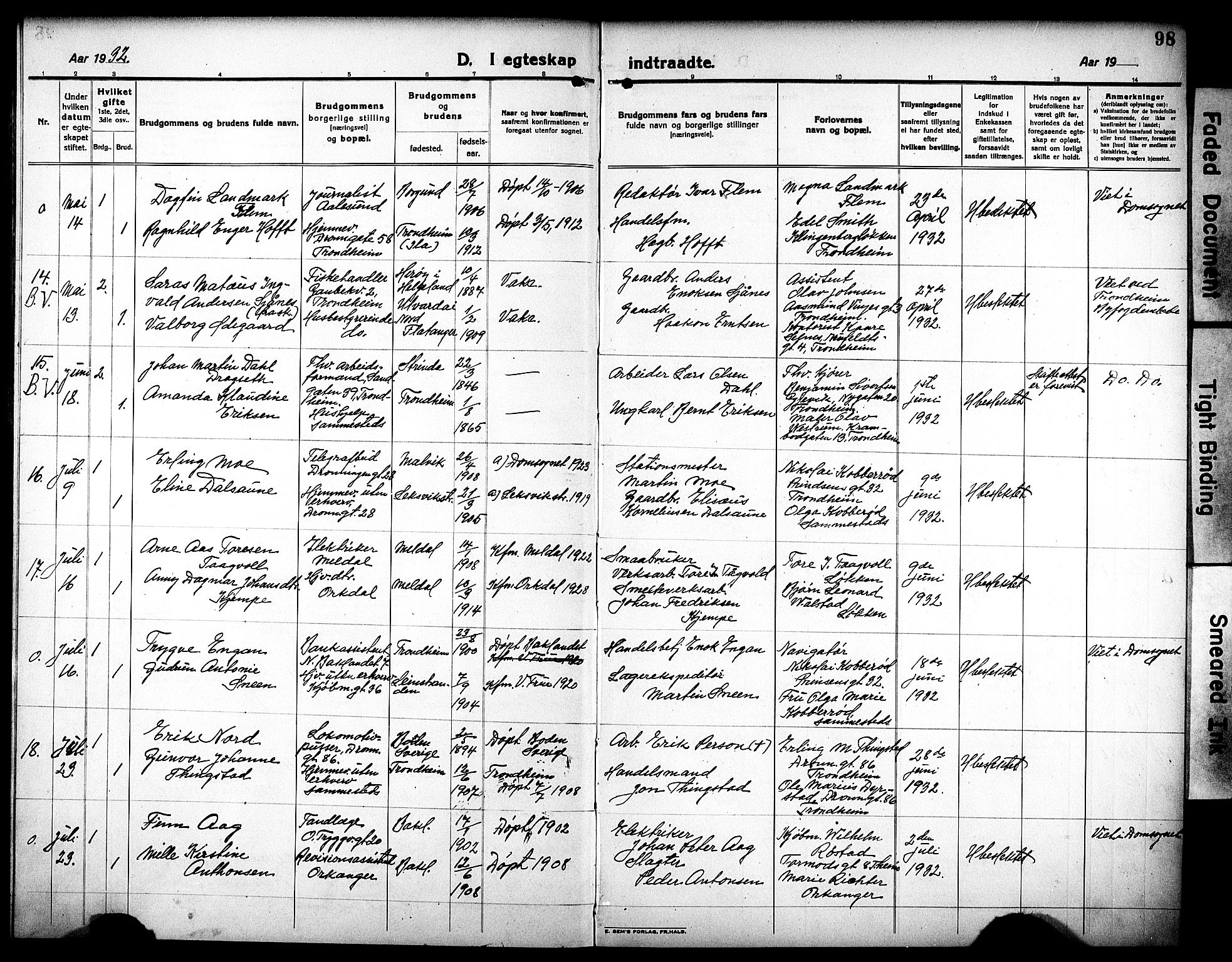 Ministerialprotokoller, klokkerbøker og fødselsregistre - Sør-Trøndelag, AV/SAT-A-1456/602/L0149: Klokkerbok nr. 602C17, 1919-1932, s. 98