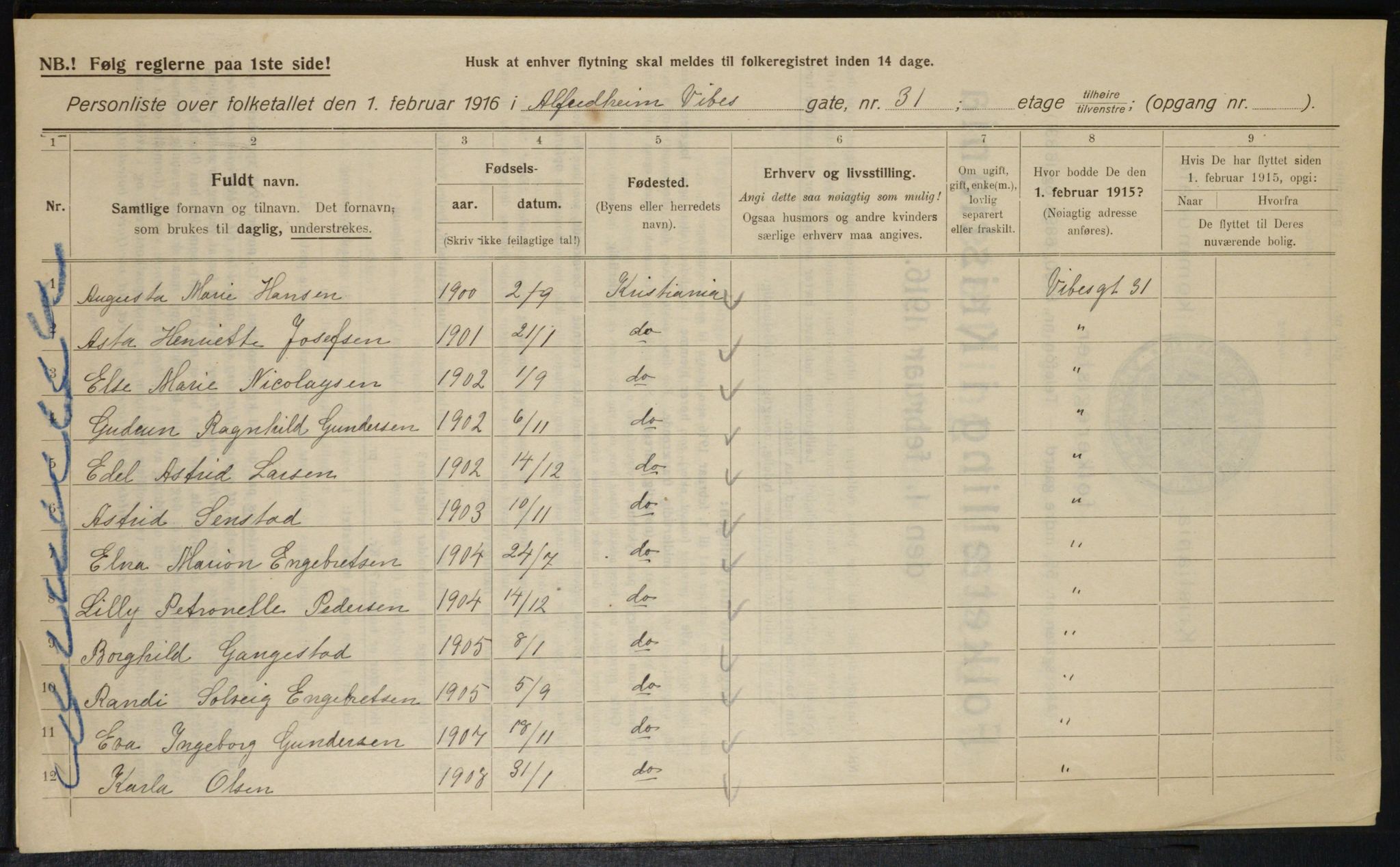 OBA, Kommunal folketelling 1.2.1916 for Kristiania, 1916, s. 127196