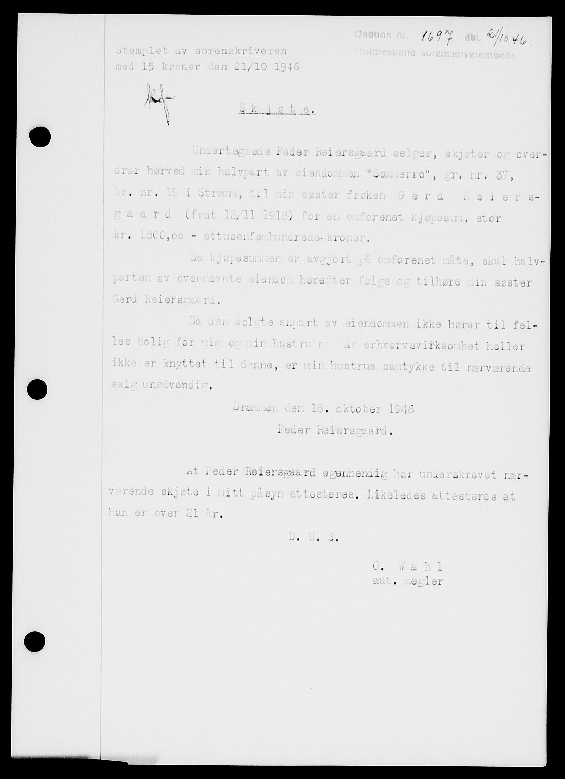 Holmestrand sorenskriveri, SAKO/A-67/G/Ga/Gaa/L0061: Pantebok nr. A-61, 1946-1947, Dagboknr: 1697/1946