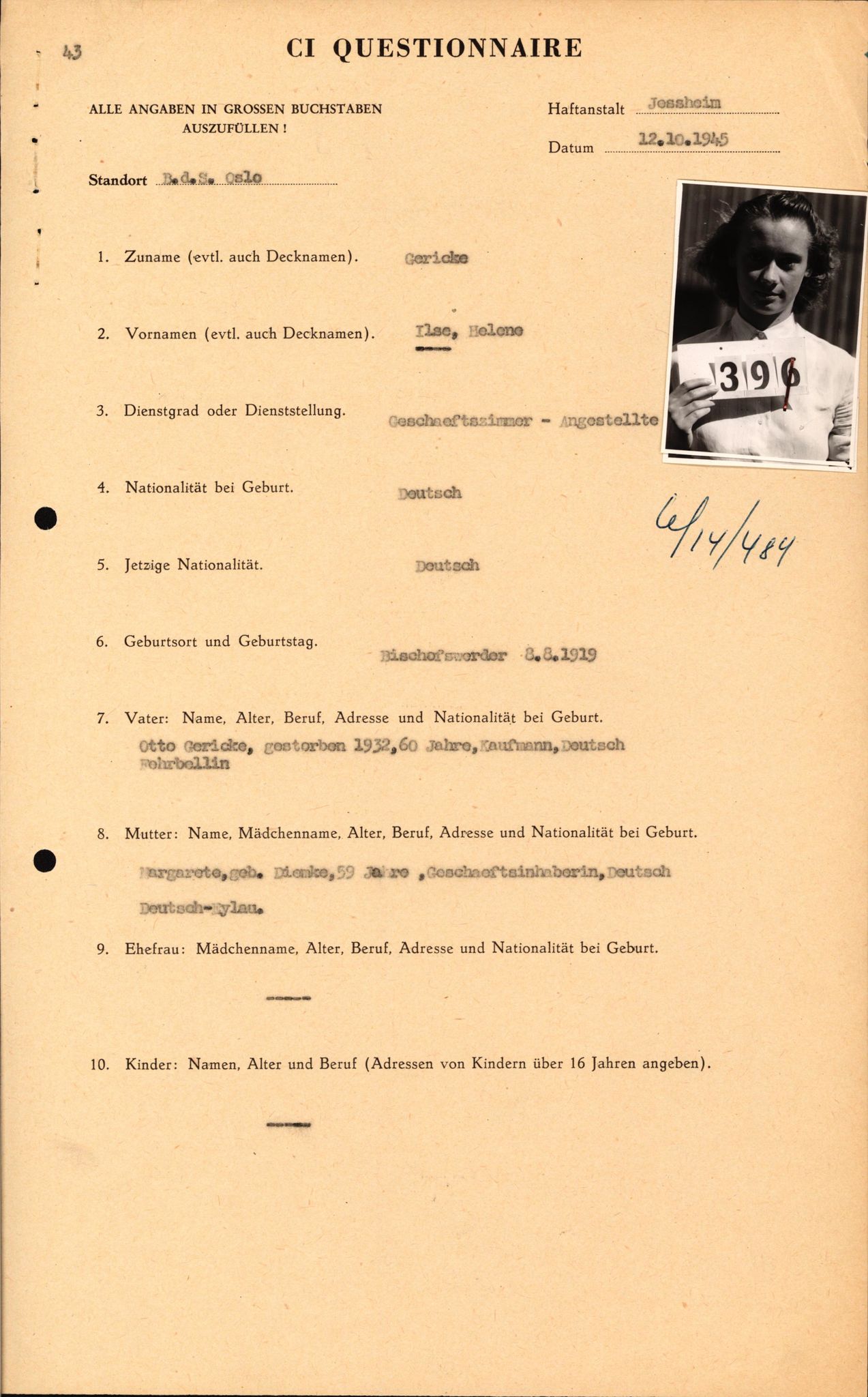 Forsvaret, Forsvarets overkommando II, AV/RA-RAFA-3915/D/Db/L0009: CI Questionaires. Tyske okkupasjonsstyrker i Norge. Tyskere., 1945-1946, s. 389