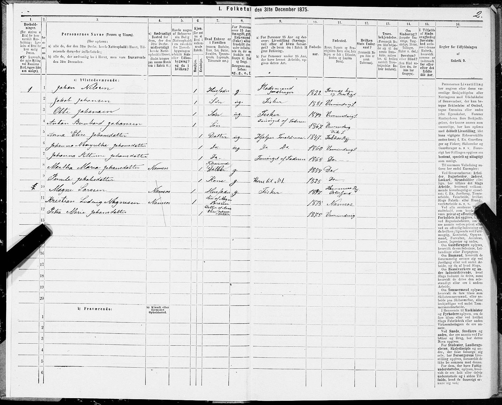 SAT, Folketelling 1875 for 1745L Namsos prestegjeld, Vemundvik sokn og Sævik sokn, 1875, s. 1002