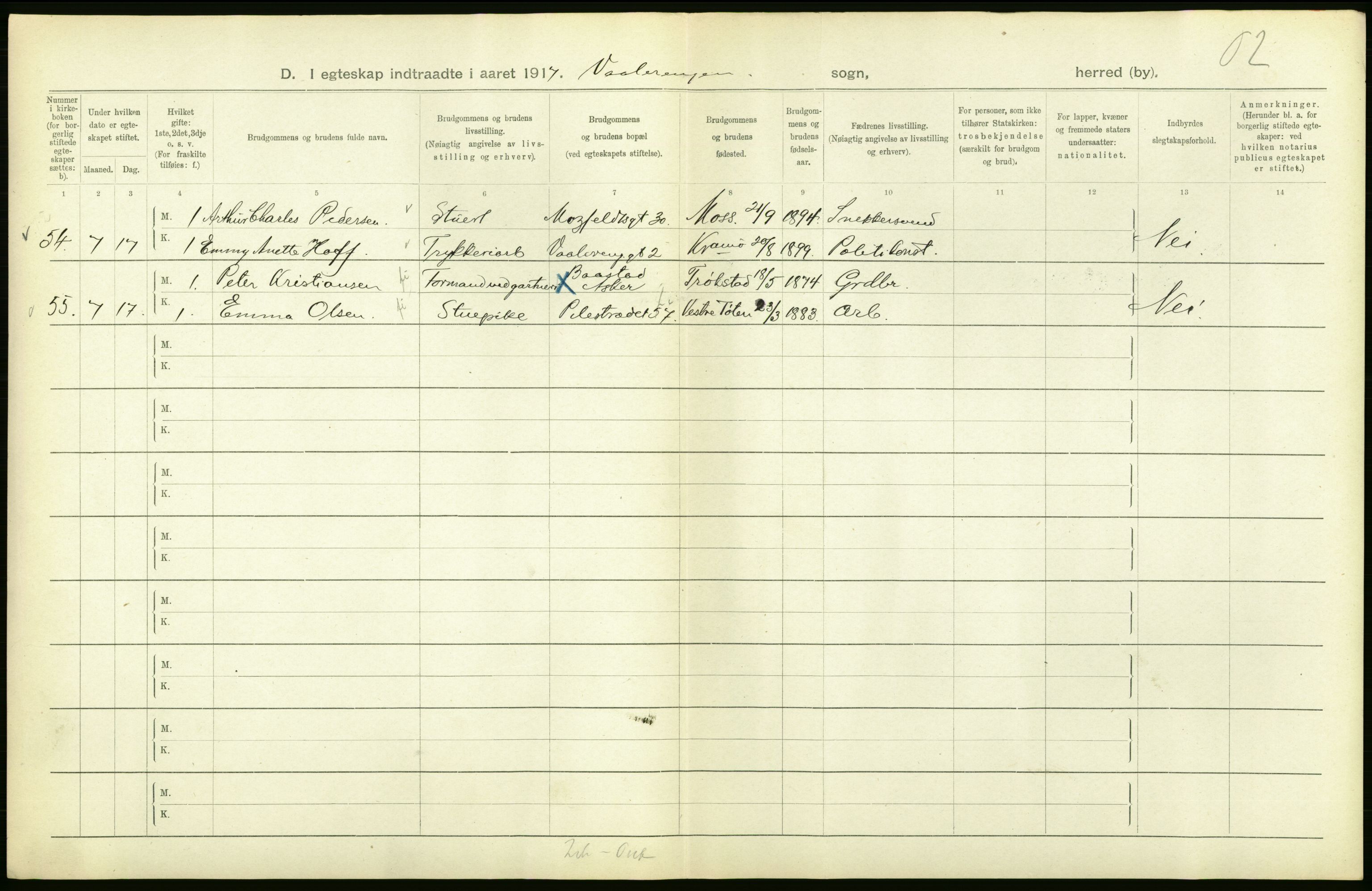 Statistisk sentralbyrå, Sosiodemografiske emner, Befolkning, AV/RA-S-2228/D/Df/Dfb/Dfbg/L0009: Kristiania: Gifte, 1917, s. 86