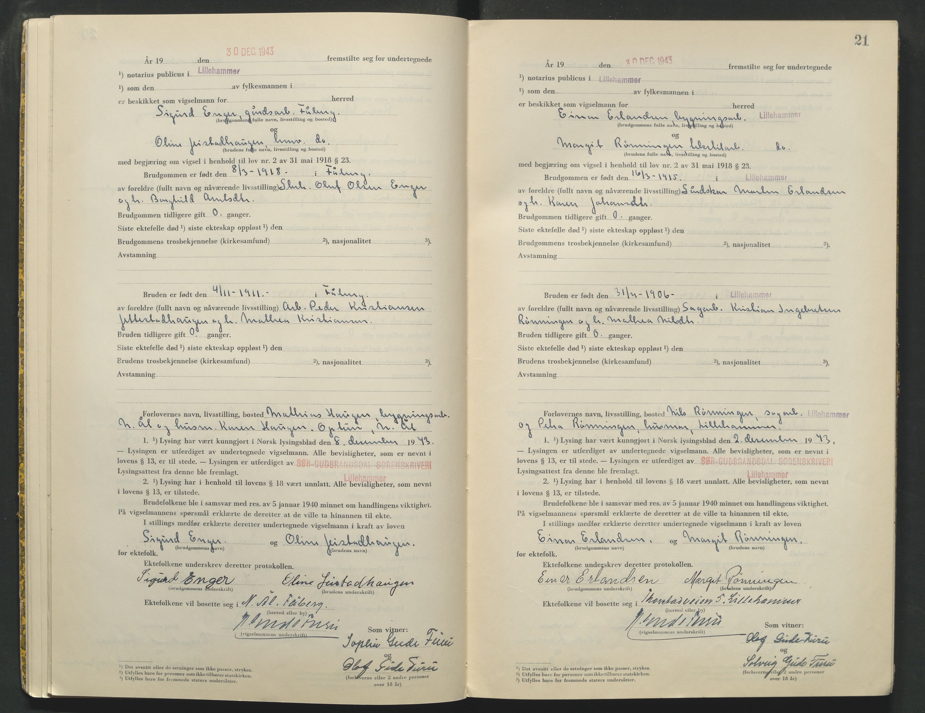 Sør-Gudbrandsdal tingrett, AV/SAH-TING-004/L/Lc/L0004: Vigselsprotokoll, 1943-1944, s. 21