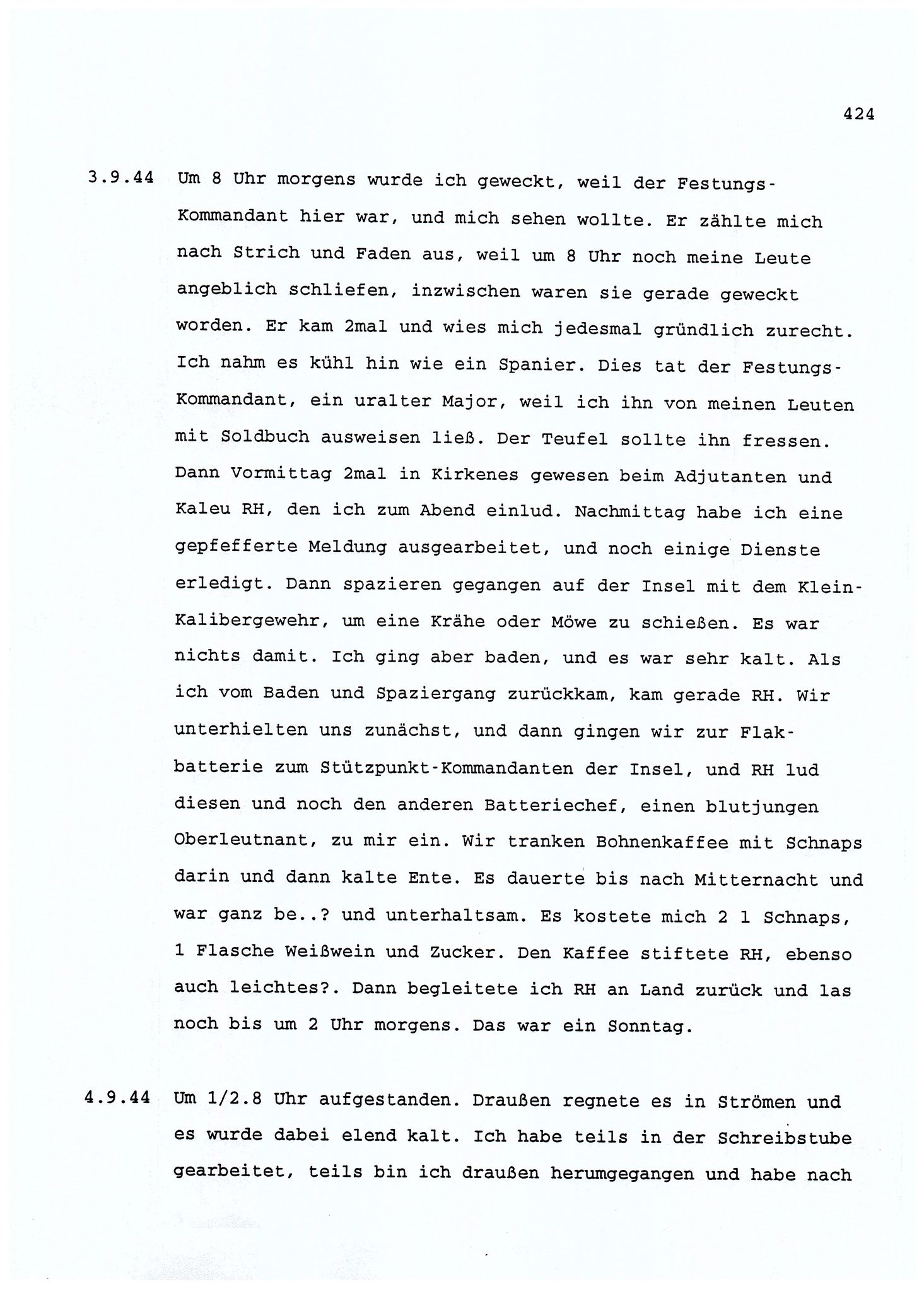 Dagbokopptegnelser av en tysk marineoffiser stasjonert i Norge , FMFB/A-1160/F/L0001: Dagbokopptegnelser av en tysk marineoffiser stasjonert i Norge, 1941-1944, s. 424