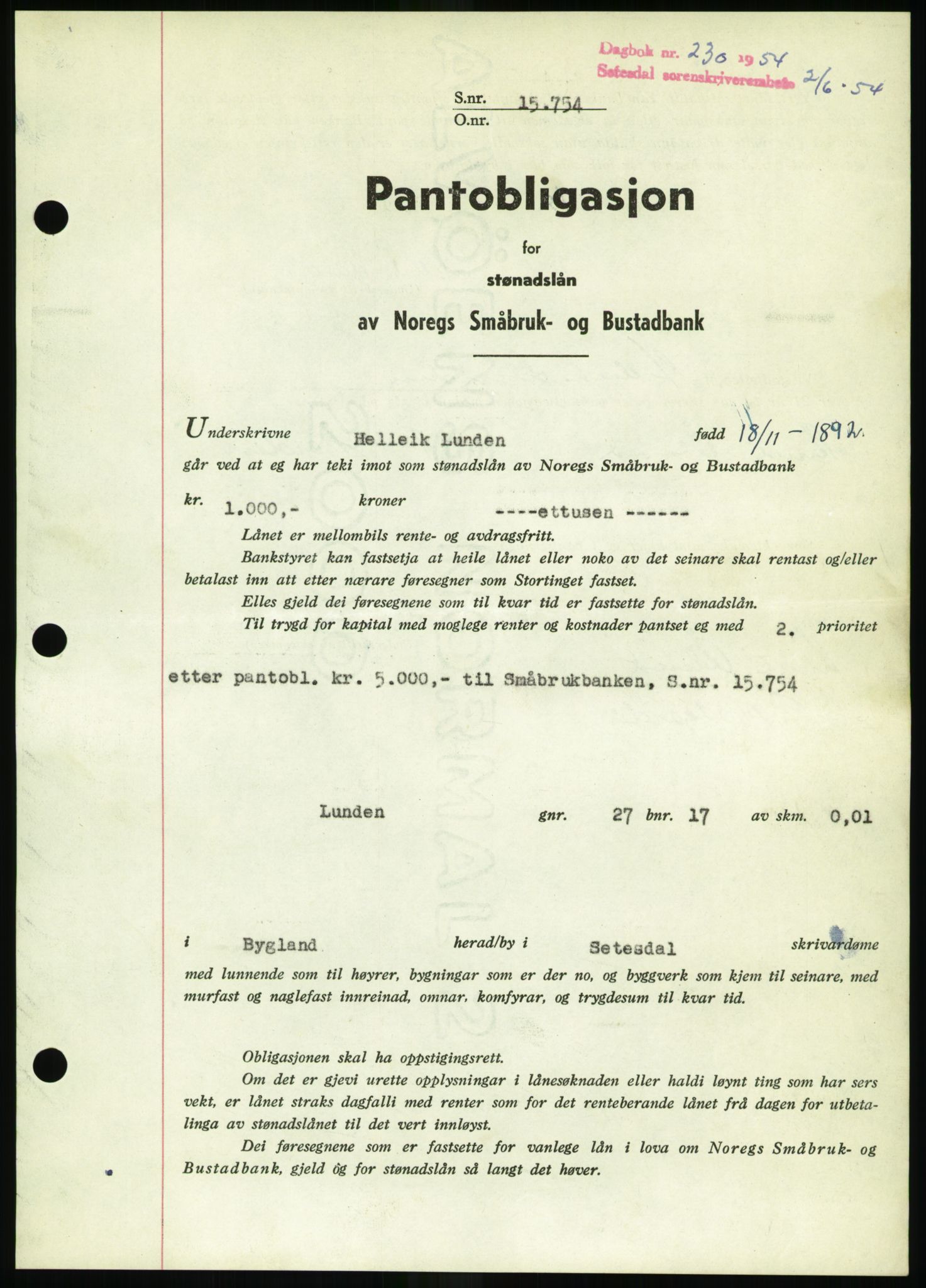 Setesdal sorenskriveri, SAK/1221-0011/G/Gb/L0052: Pantebok nr. B 40, 1954-1955, Dagboknr: 230/1954