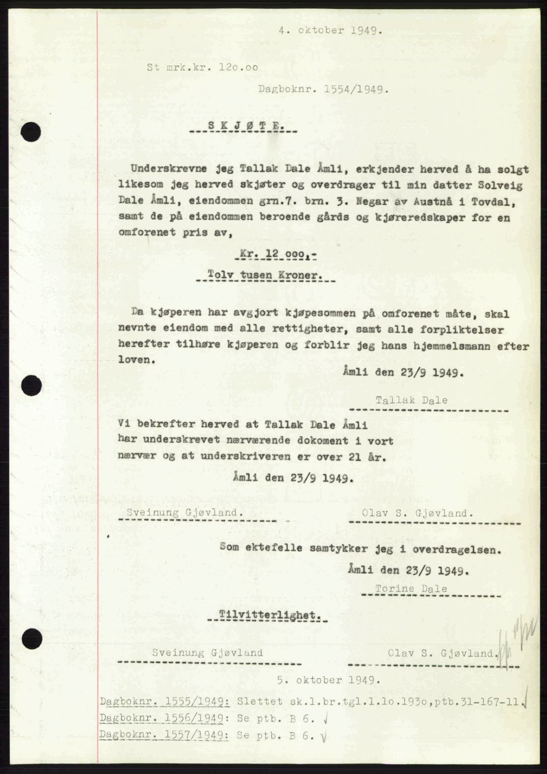 Nedenes sorenskriveri, AV/SAK-1221-0006/G/Gb/Gba/L0061: Pantebok nr. A13, 1949-1949, Dagboknr: 1554/1949