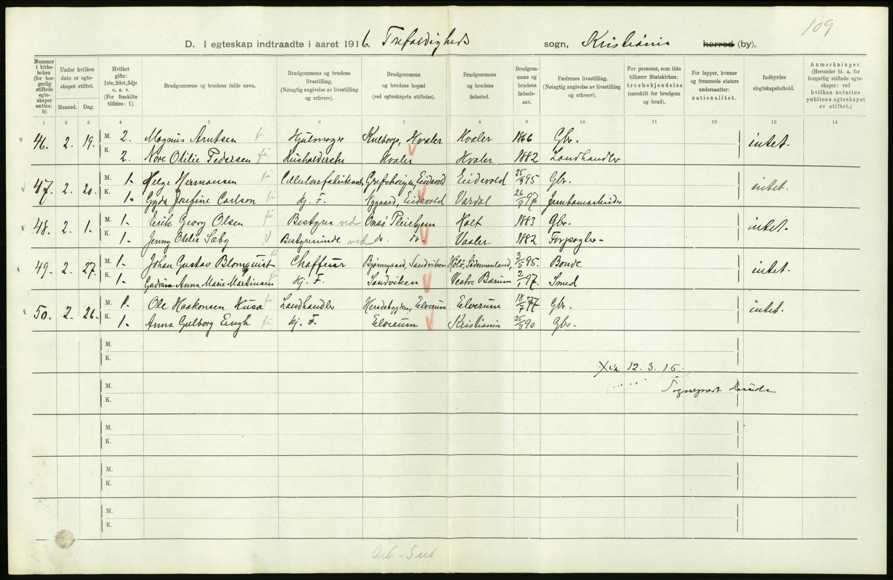 Statistisk sentralbyrå, Sosiodemografiske emner, Befolkning, AV/RA-S-2228/D/Df/Dfb/Dfbf/L0008: Kristiania: Gifte, 1916, s. 328