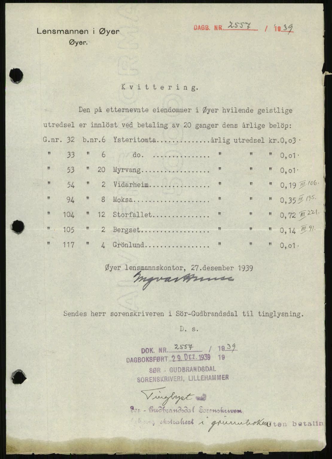 Sør-Gudbrandsdal tingrett, SAH/TING-004/H/Hb/Hbf/L0002: Pantebok nr. C1, 1938-1951, Dagboknr: 2557/1939