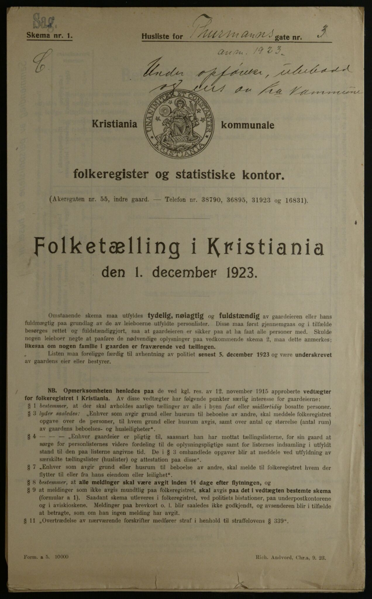 OBA, Kommunal folketelling 1.12.1923 for Kristiania, 1923, s. 123002