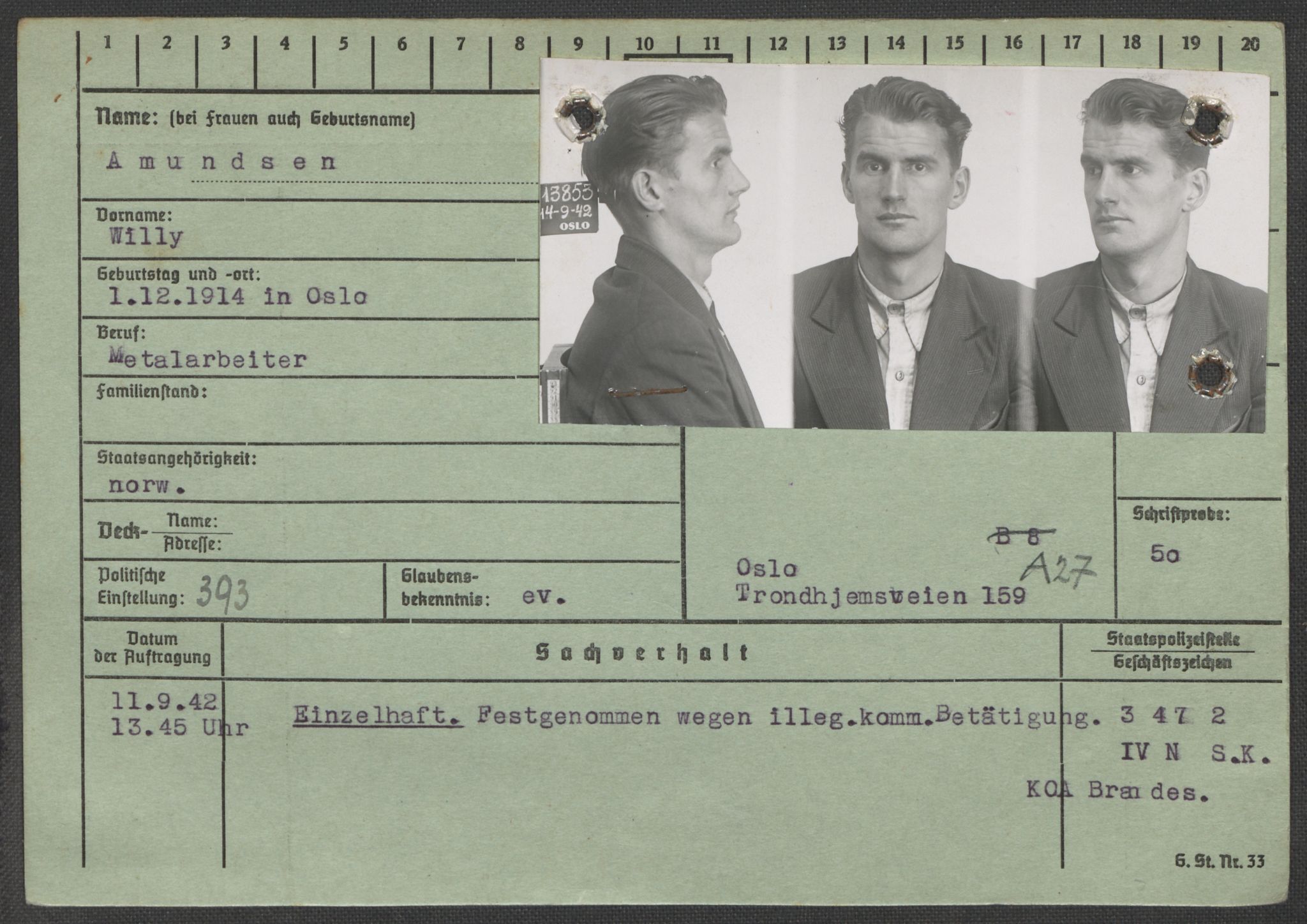 Befehlshaber der Sicherheitspolizei und des SD, AV/RA-RAFA-5969/E/Ea/Eaa/L0001: Register over norske fanger i Møllergata 19: A-Bj, 1940-1945, s. 140