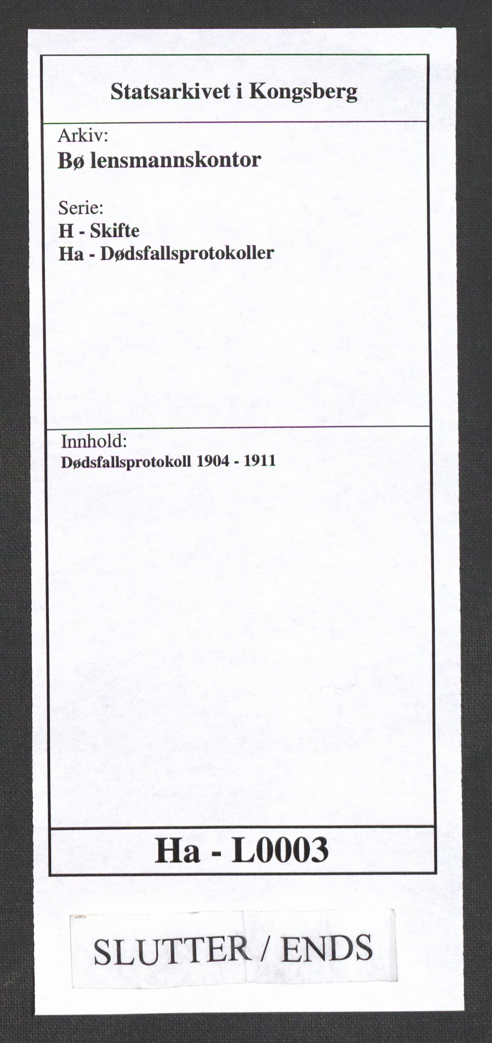 Bø lensmannskontor, AV/SAKO-A-553/H/Ha/L0003: Dødsfallsprotokoll, 1904-1911