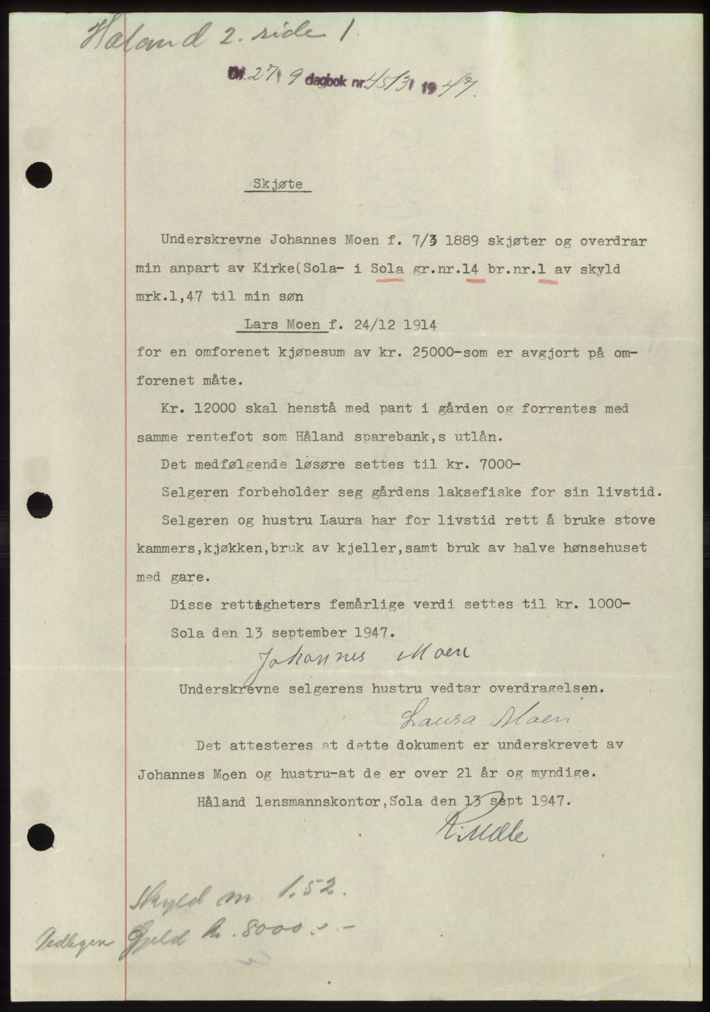 Jæren sorenskriveri, SAST/A-100310/03/G/Gba/L0096: Pantebok, 1947-1947, Dagboknr: 4513/1947