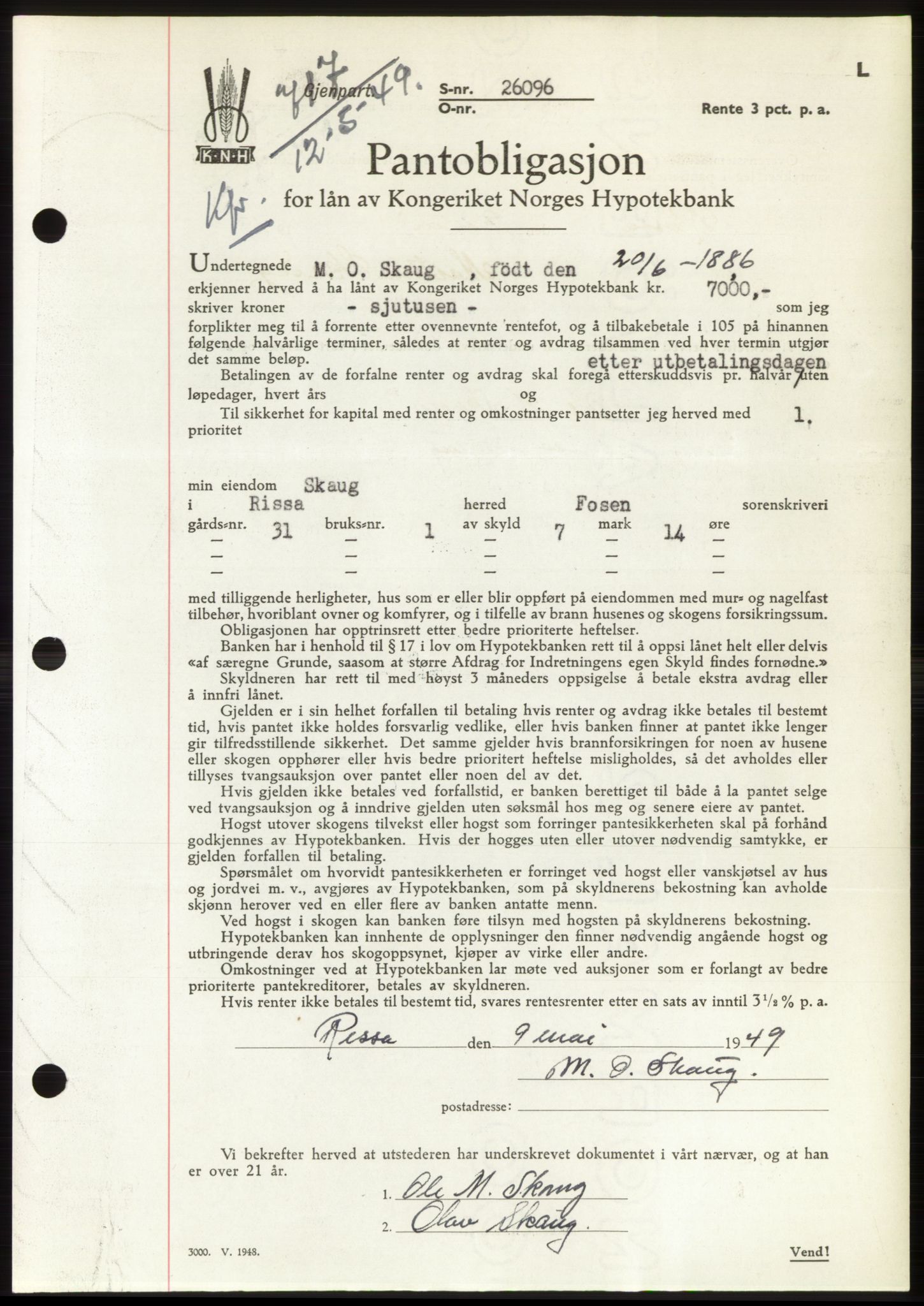 Fosen sorenskriveri, AV/SAT-A-1107/1/2/2C: Pantebok nr. B, 1948-1950, Dagboknr: 717/1949