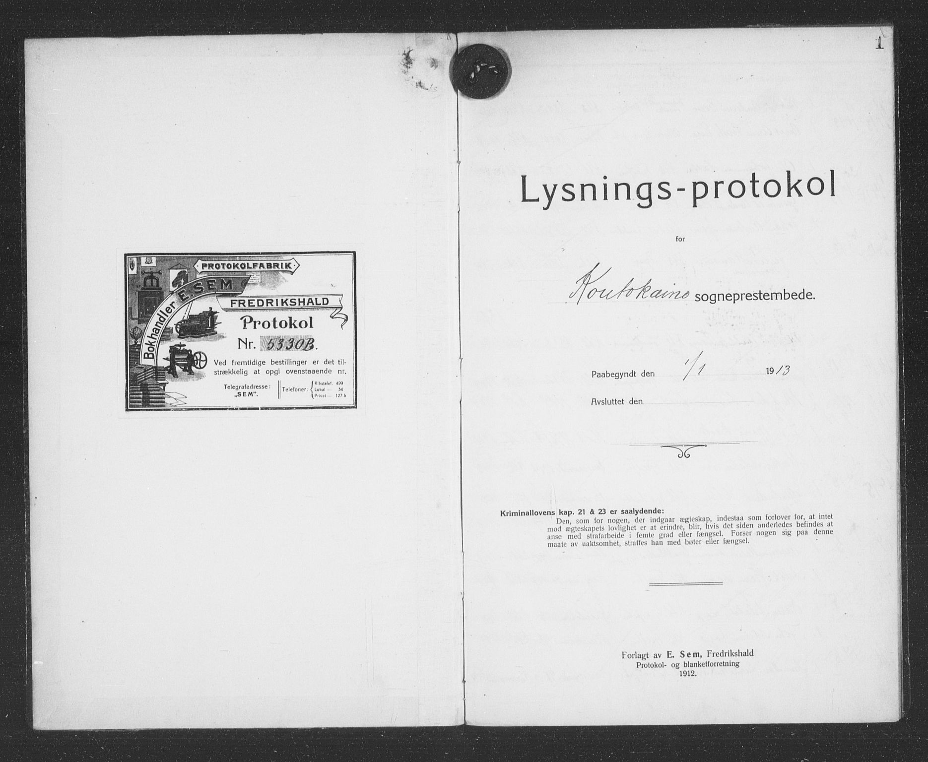 Kautokeino sokneprestembete, SATØ/S-1340/I/Ib/L0021: Lysningsprotokoll nr. 21, 1913-1924, s. 1