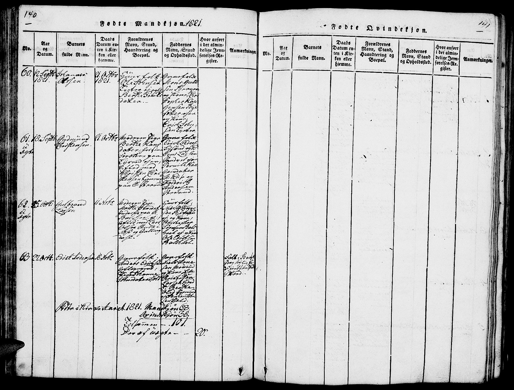 Nes prestekontor, Hedmark, AV/SAH-PREST-020/L/La/L0003: Klokkerbok nr. 3, 1814-1831, s. 140-141