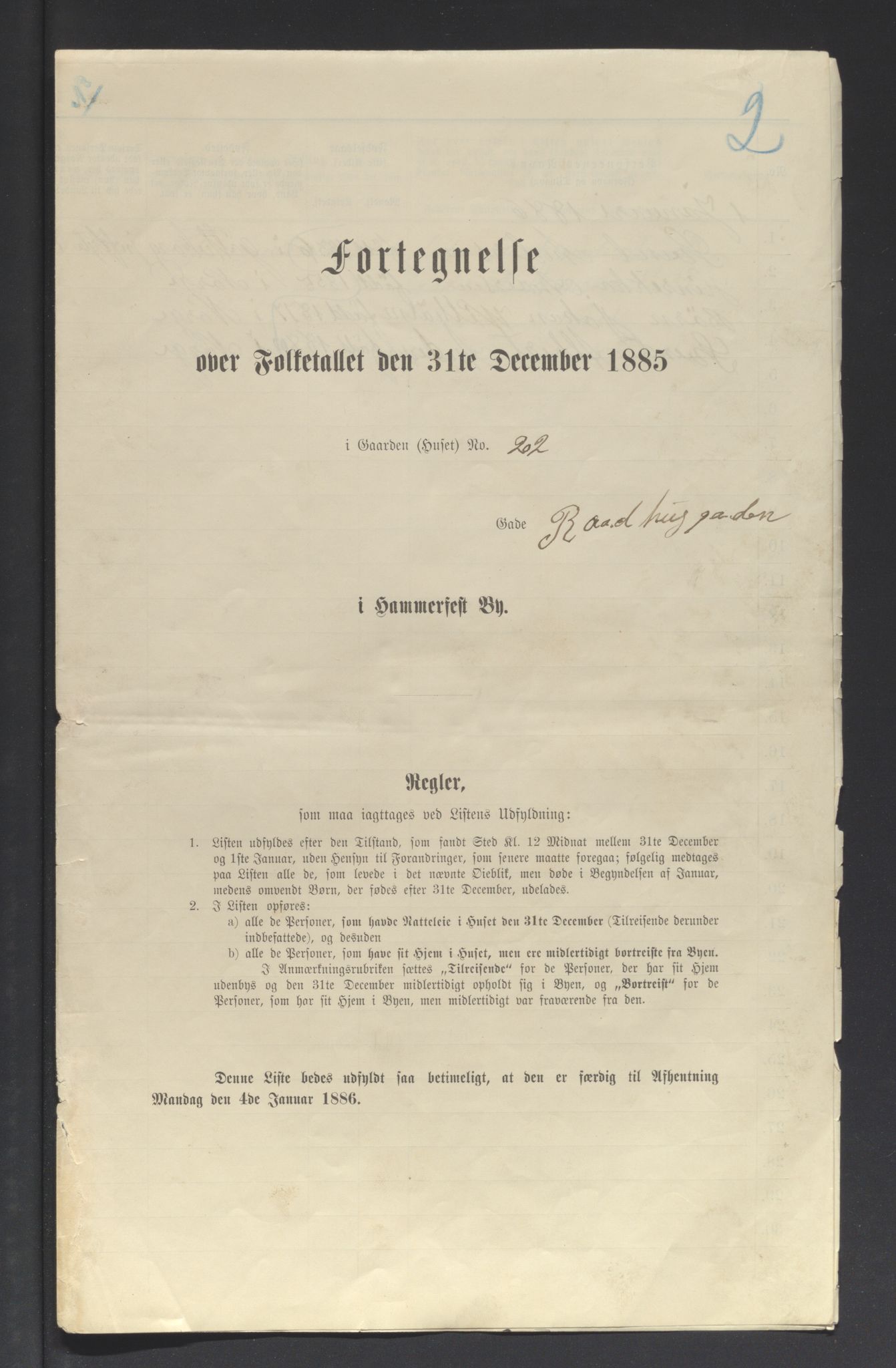 SATØ, Folketelling 1885 for 2001 Hammerfest kjøpstad, 1885, s. 2a