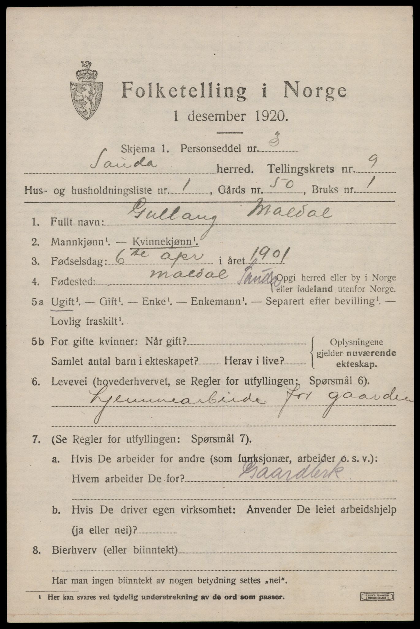 SAST, Folketelling 1920 for 1135 Sauda herred, 1920, s. 5278