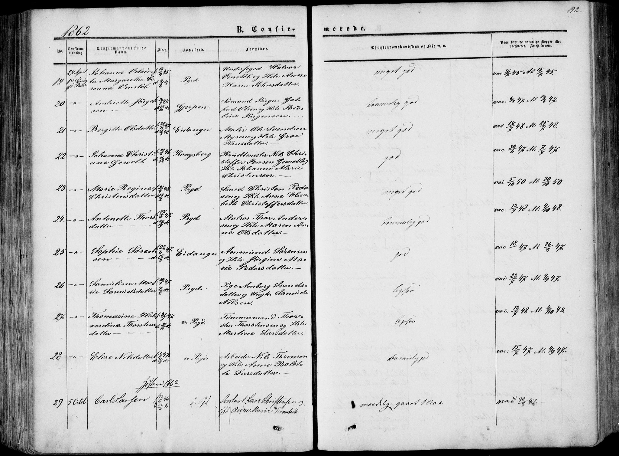 Porsgrunn kirkebøker , AV/SAKO-A-104/F/Fa/L0007: Ministerialbok nr. 7, 1858-1877, s. 192