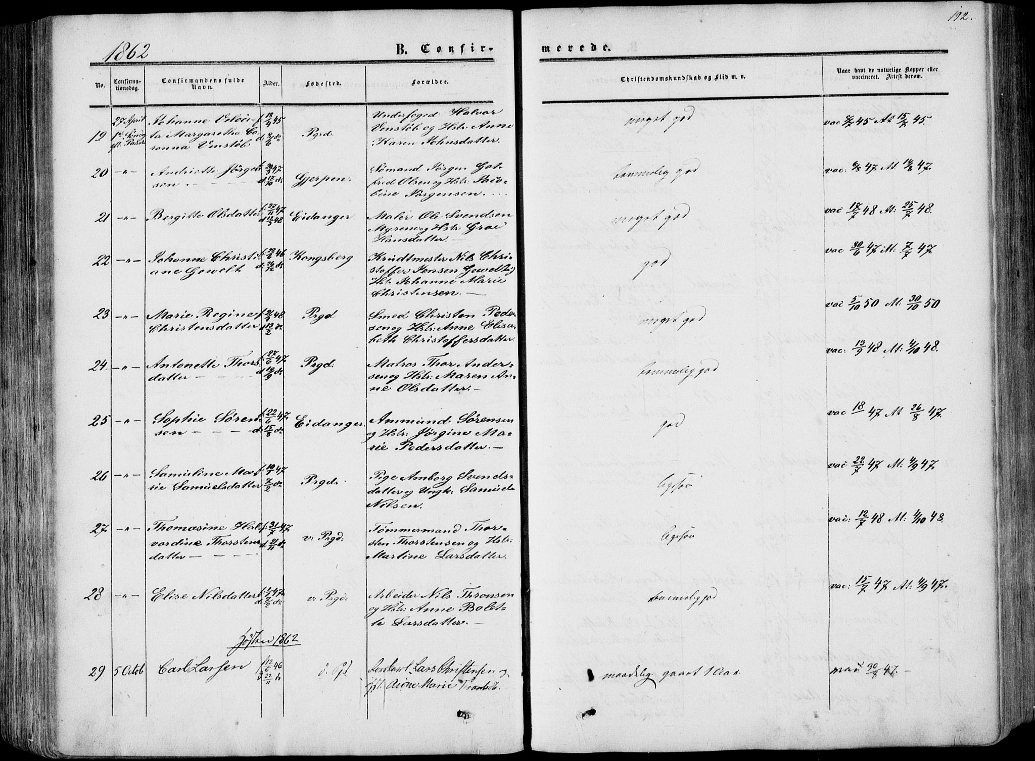 Porsgrunn kirkebøker , SAKO/A-104/F/Fa/L0007: Ministerialbok nr. 7, 1858-1877, s. 192