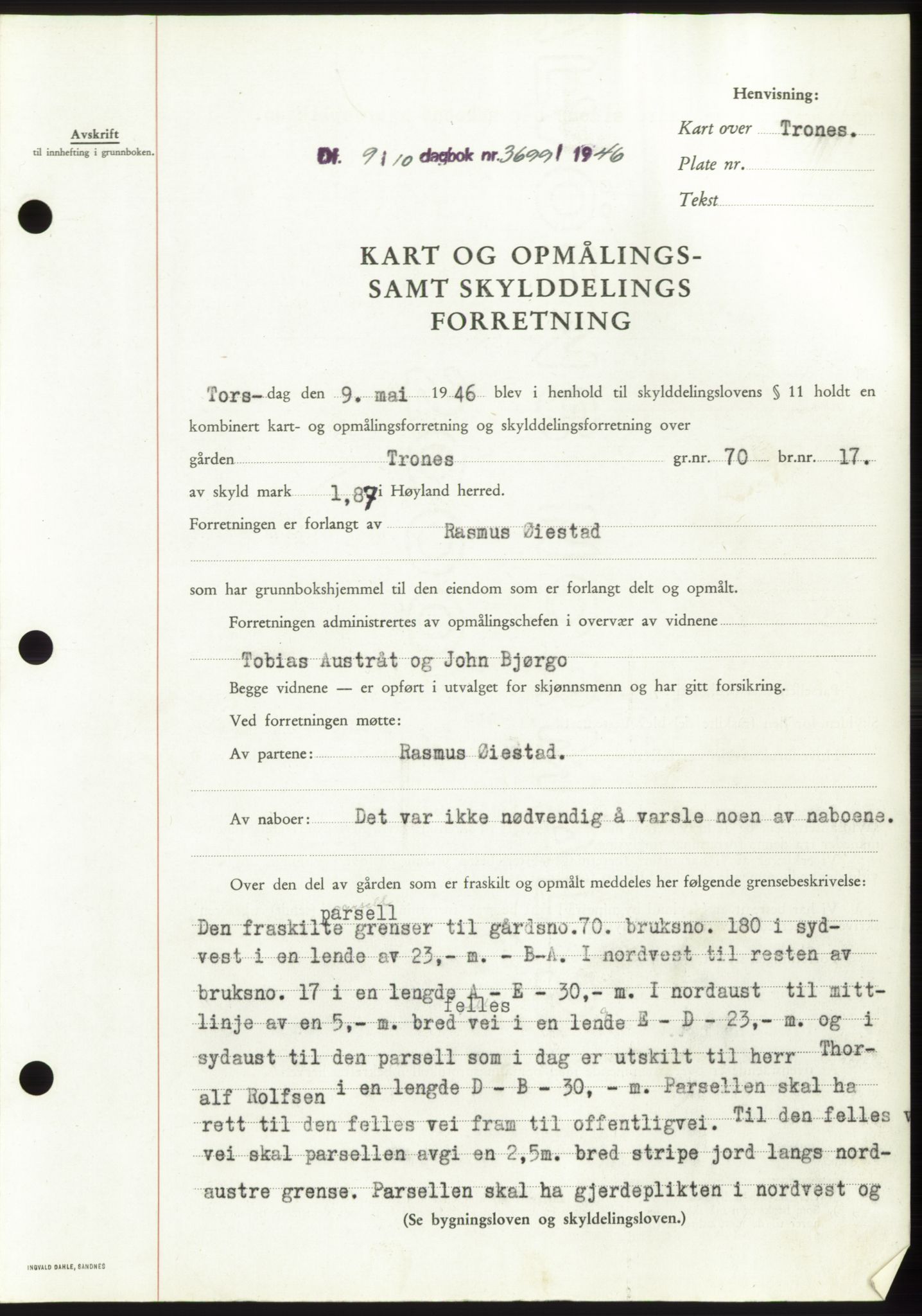 Jæren sorenskriveri, SAST/A-100310/03/G/Gba/L0091: Pantebok, 1946-1946, Dagboknr: 3699/1946