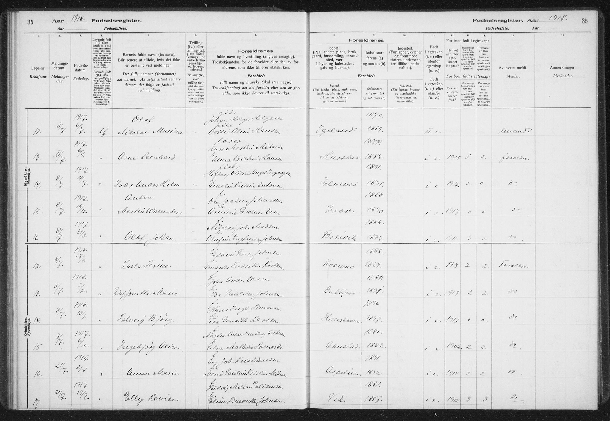 Ibestad sokneprestembete, AV/SATØ-S-0077/I/Ic/L0061: Fødselsregister nr. 61, 1917-1929, s. 35