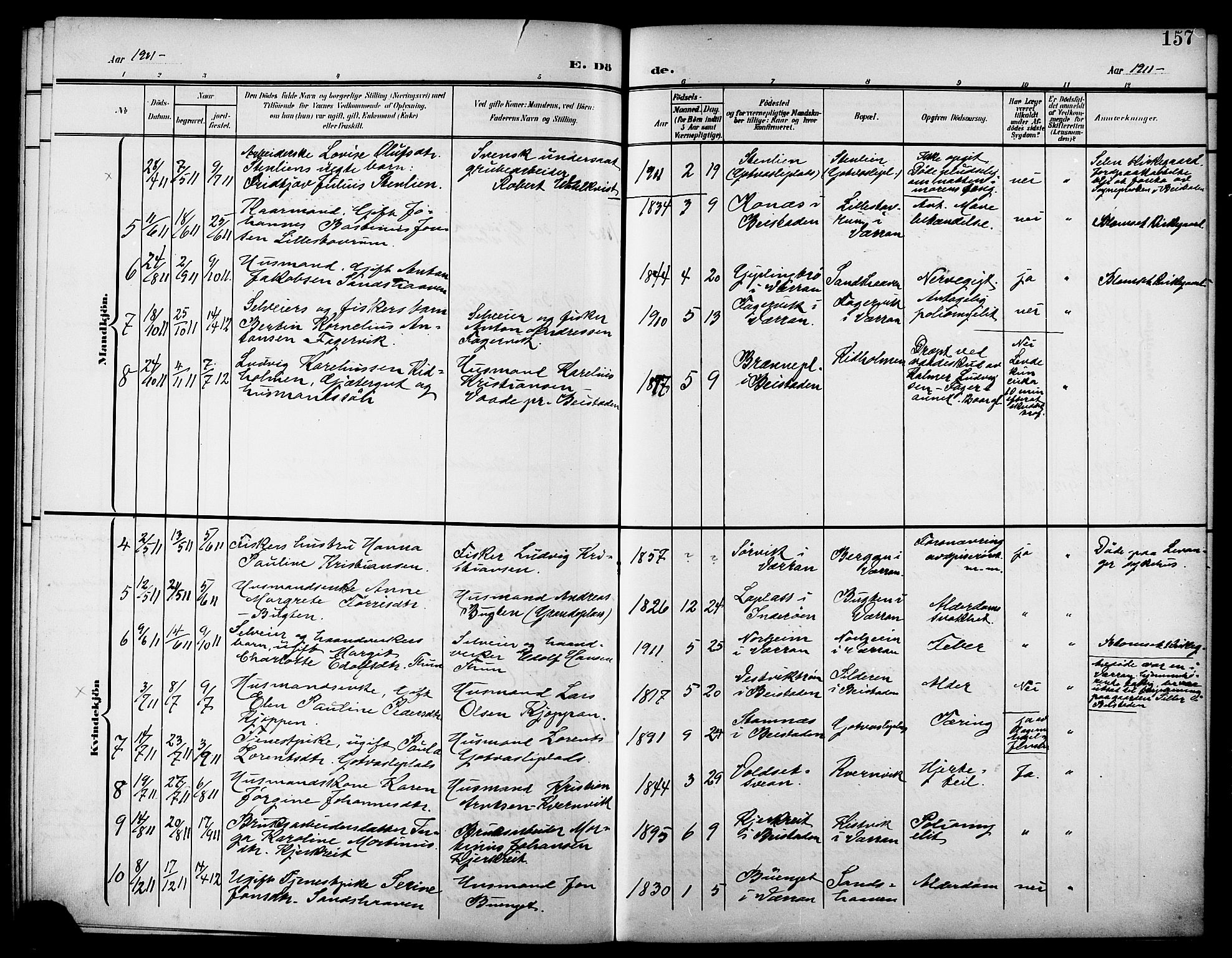 Ministerialprotokoller, klokkerbøker og fødselsregistre - Nord-Trøndelag, SAT/A-1458/744/L0424: Klokkerbok nr. 744C03, 1906-1923, s. 157