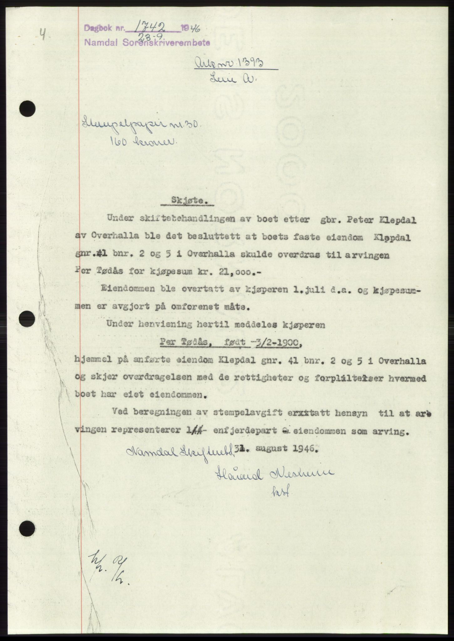 Namdal sorenskriveri, SAT/A-4133/1/2/2C: Pantebok nr. -, 1946-1947, Dagboknr: 1742/1946