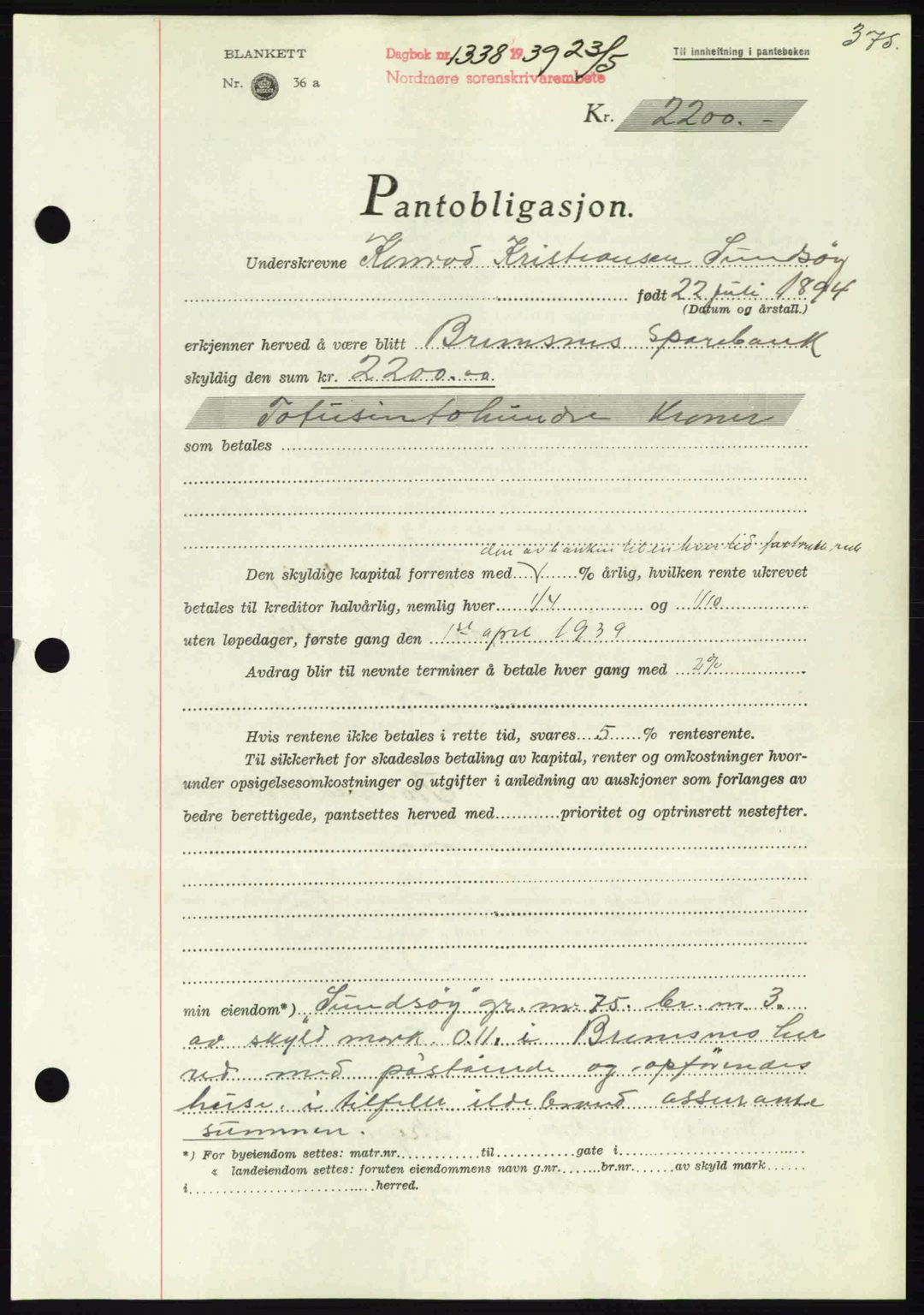 Nordmøre sorenskriveri, AV/SAT-A-4132/1/2/2Ca: Pantebok nr. B85, 1939-1939, Dagboknr: 1338/1939