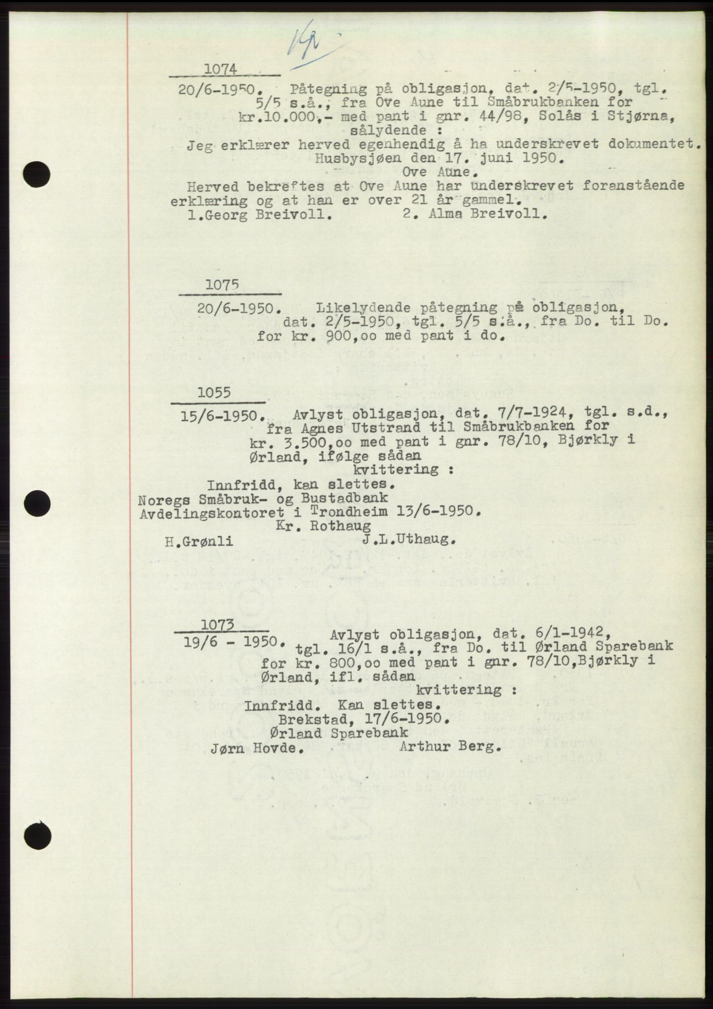 Fosen sorenskriveri, AV/SAT-A-1107/1/2/2C: Pantebok nr. B3, 1948-1950, Dagboknr: 1074/1950