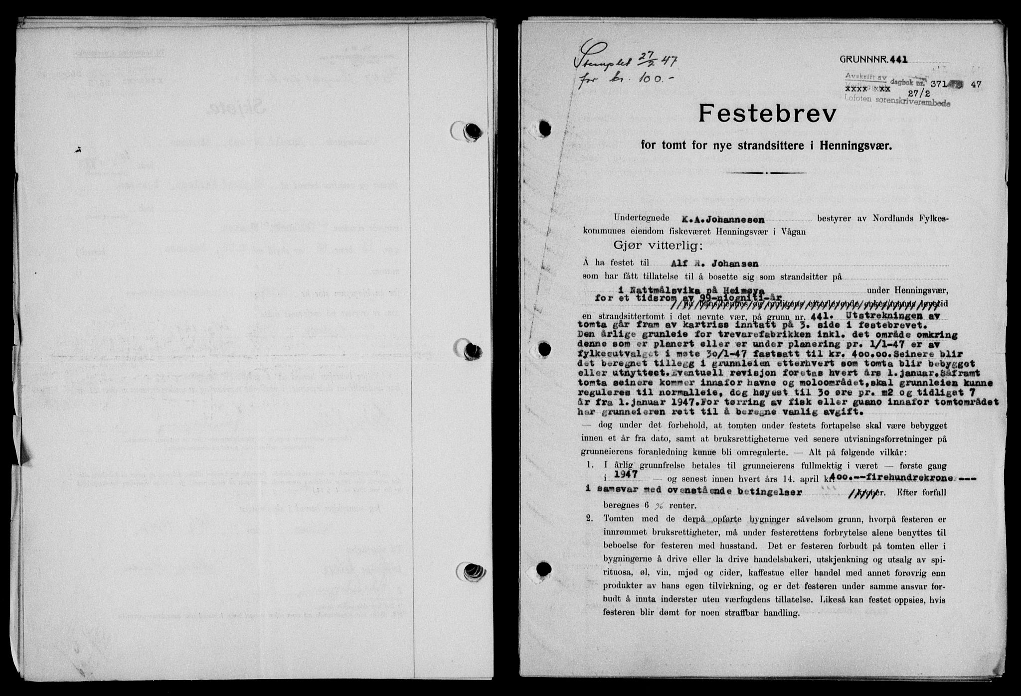 Lofoten sorenskriveri, SAT/A-0017/1/2/2C/L0015a: Pantebok nr. 15a, 1946-1947, Dagboknr: 371/1947