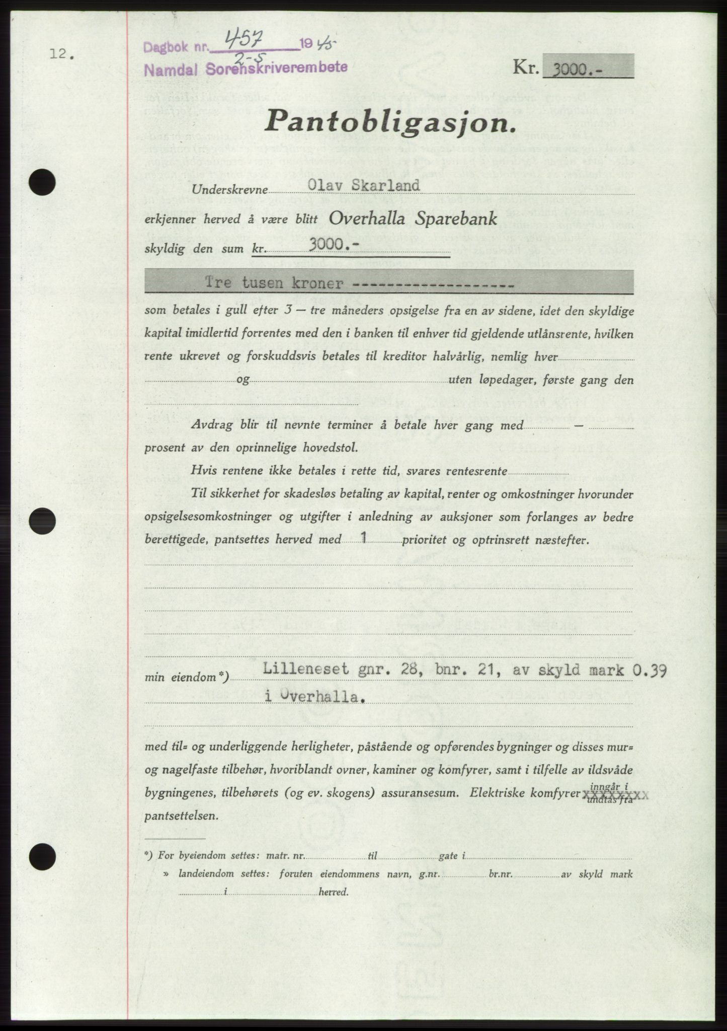 Namdal sorenskriveri, SAT/A-4133/1/2/2C: Pantebok nr. -, 1944-1945, Dagboknr: 457/1945