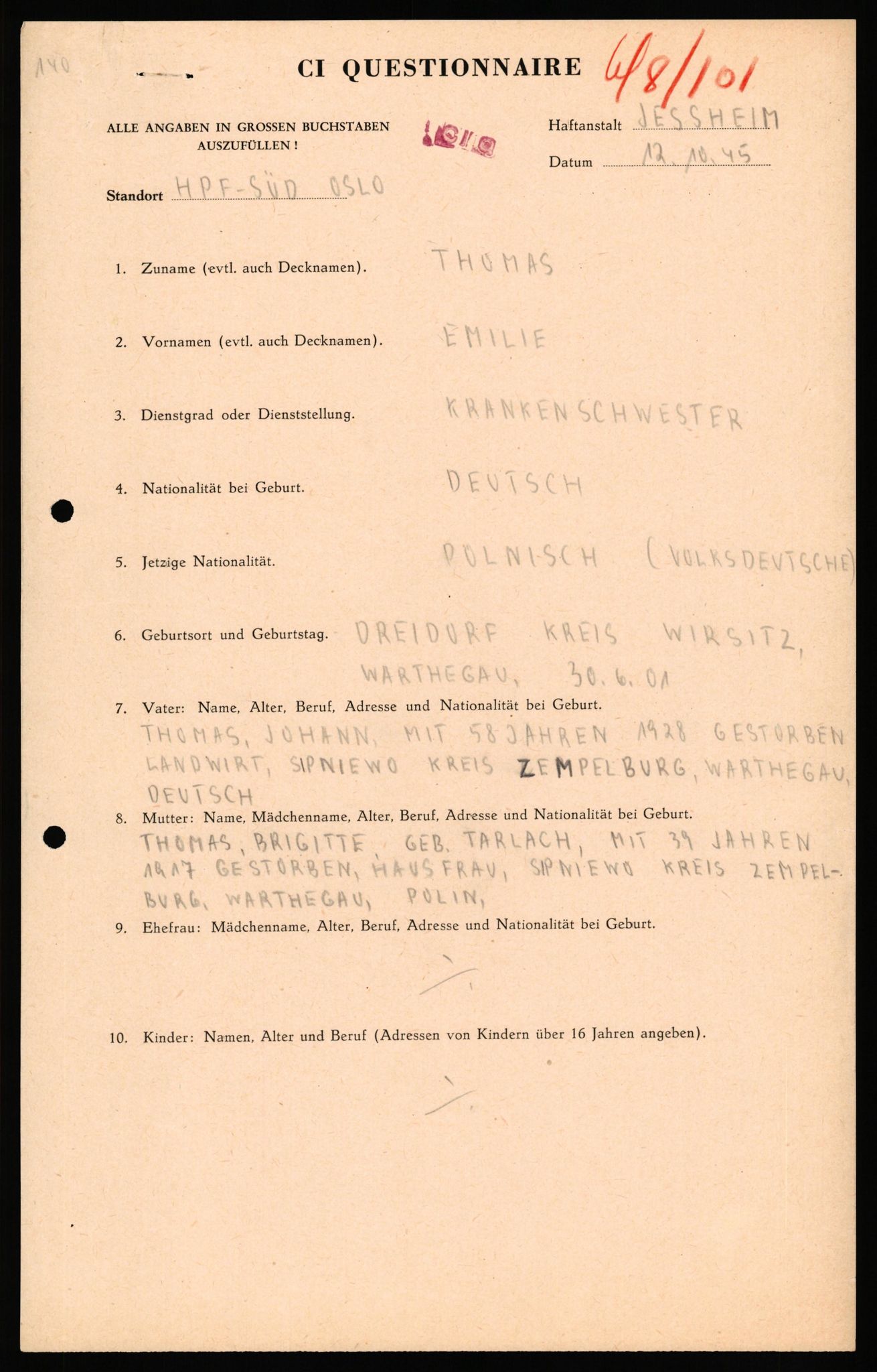 Forsvaret, Forsvarets overkommando II, AV/RA-RAFA-3915/D/Db/L0041: CI Questionaires.  Diverse nasjonaliteter., 1945-1946, s. 89