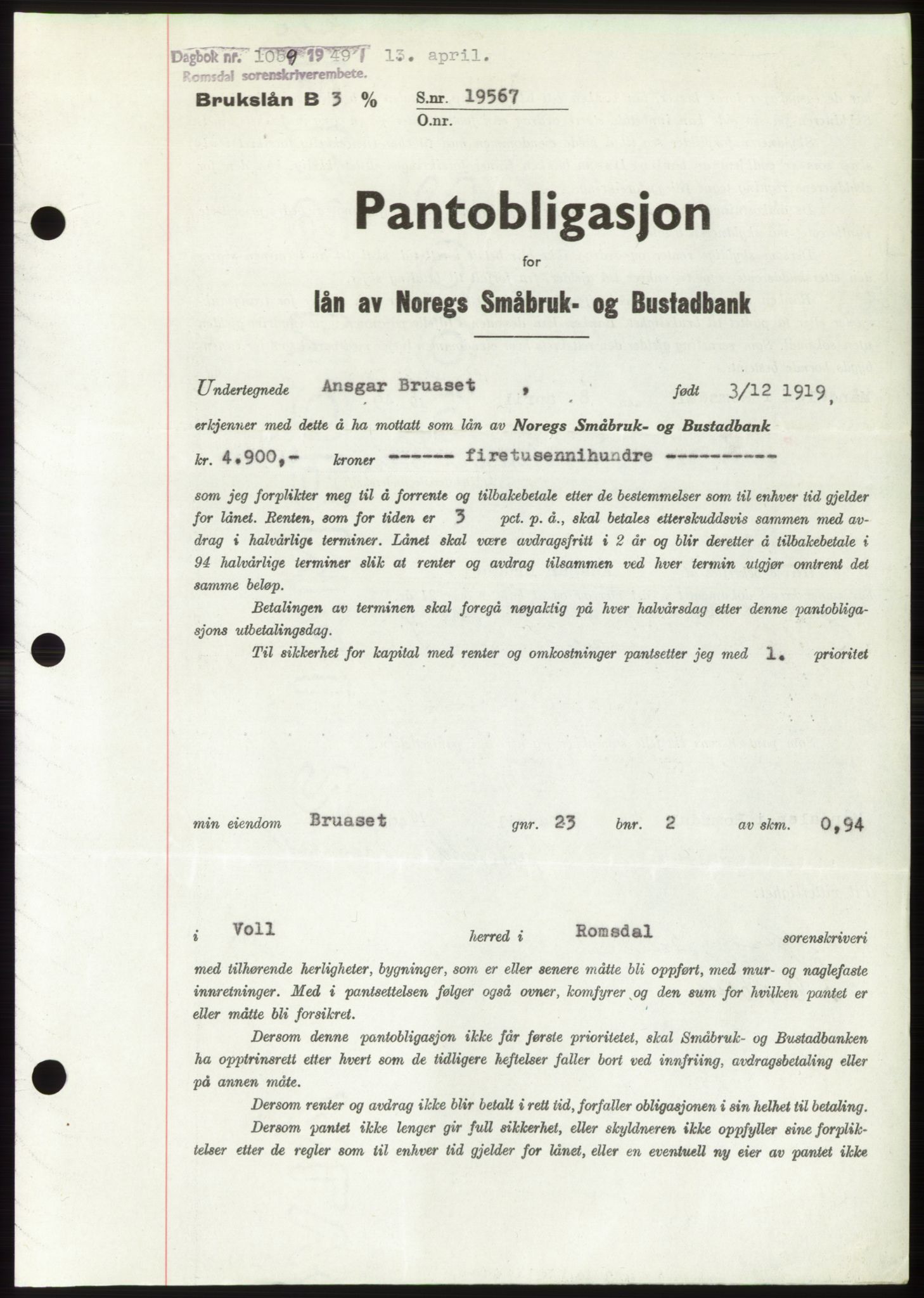 Romsdal sorenskriveri, SAT/A-4149/1/2/2C: Pantebok nr. B4, 1948-1949, Dagboknr: 1059/1949