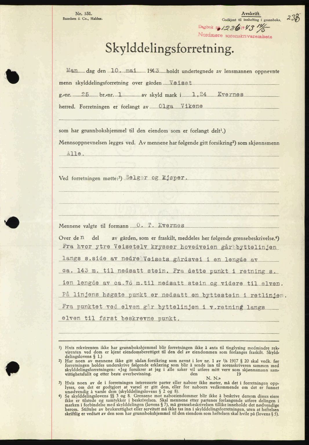 Nordmøre sorenskriveri, AV/SAT-A-4132/1/2/2Ca: Pantebok nr. A95, 1943-1943, Dagboknr: 1236/1943