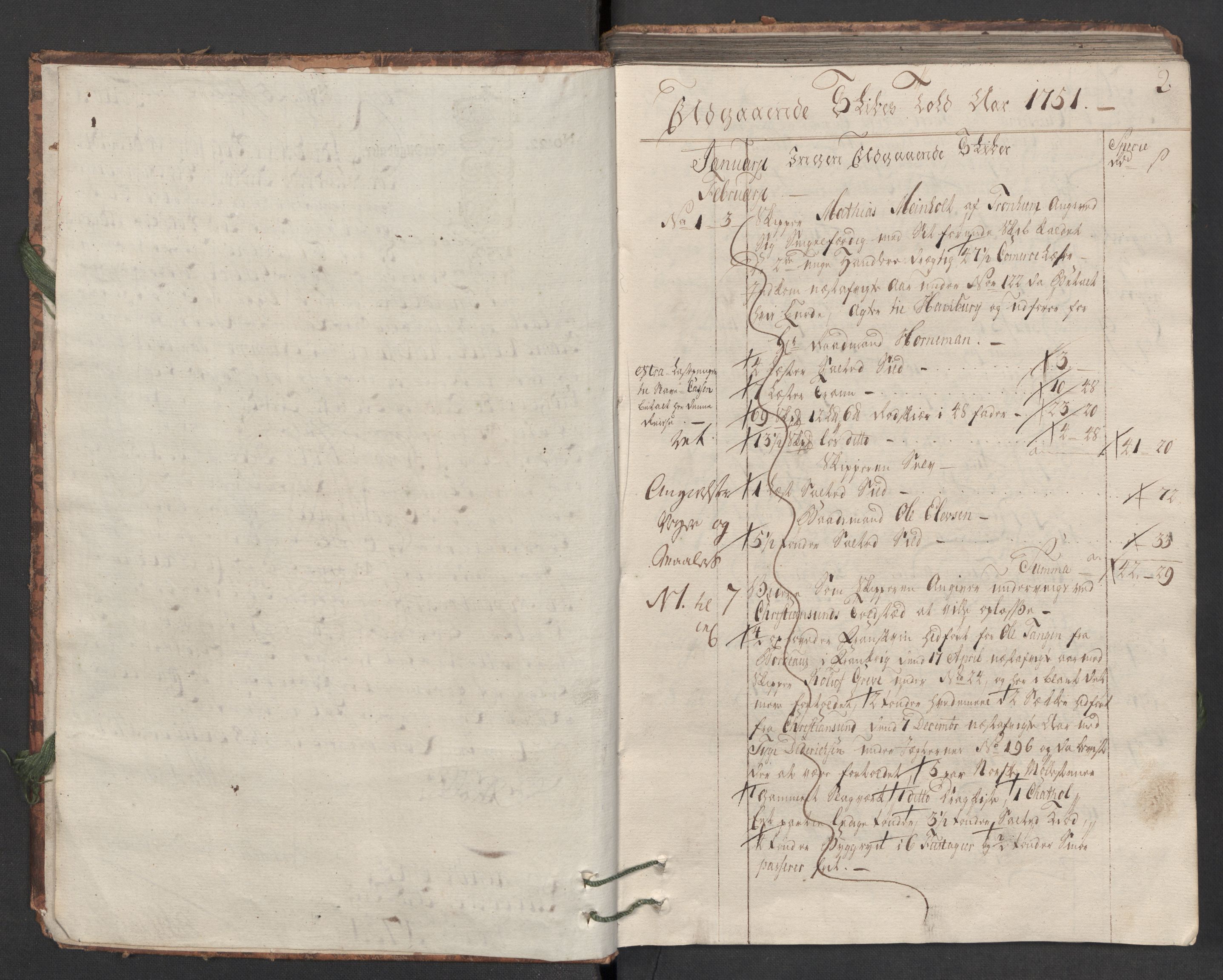 Generaltollkammeret, tollregnskaper, AV/RA-EA-5490/R33/L0025/0001: Tollregnskaper Trondheim A / Utgående hovedtollbok, 1751