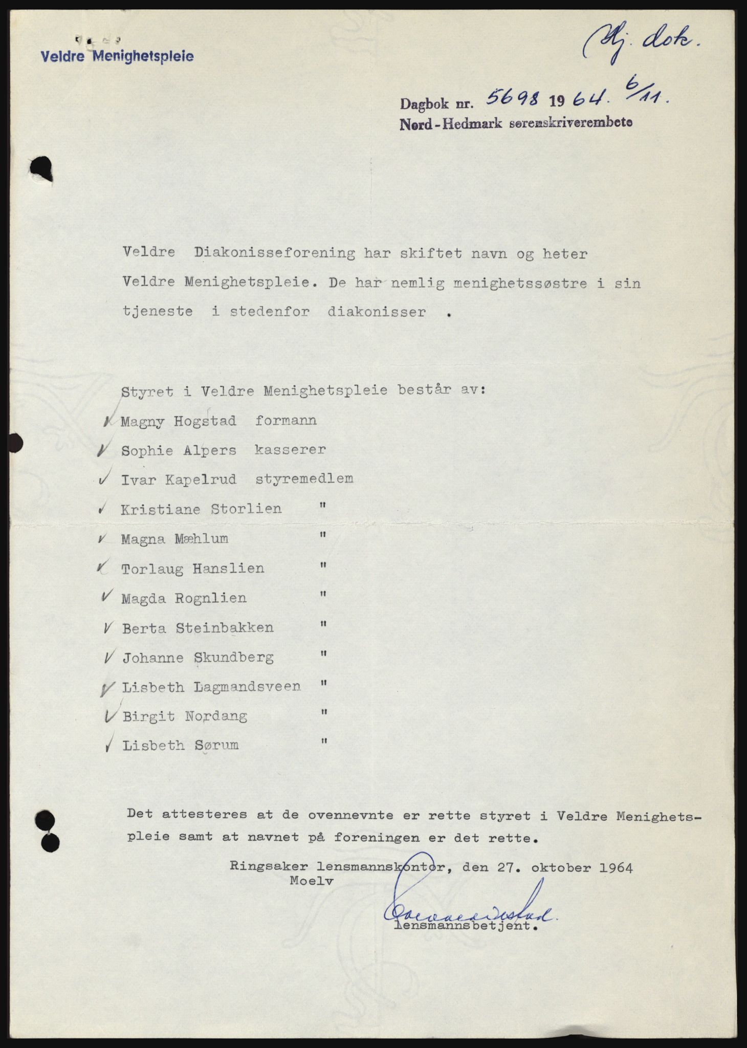 Nord-Hedmark sorenskriveri, SAH/TING-012/H/Hc/L0020: Pantebok nr. 20, 1964-1964, Dagboknr: 5698/1964