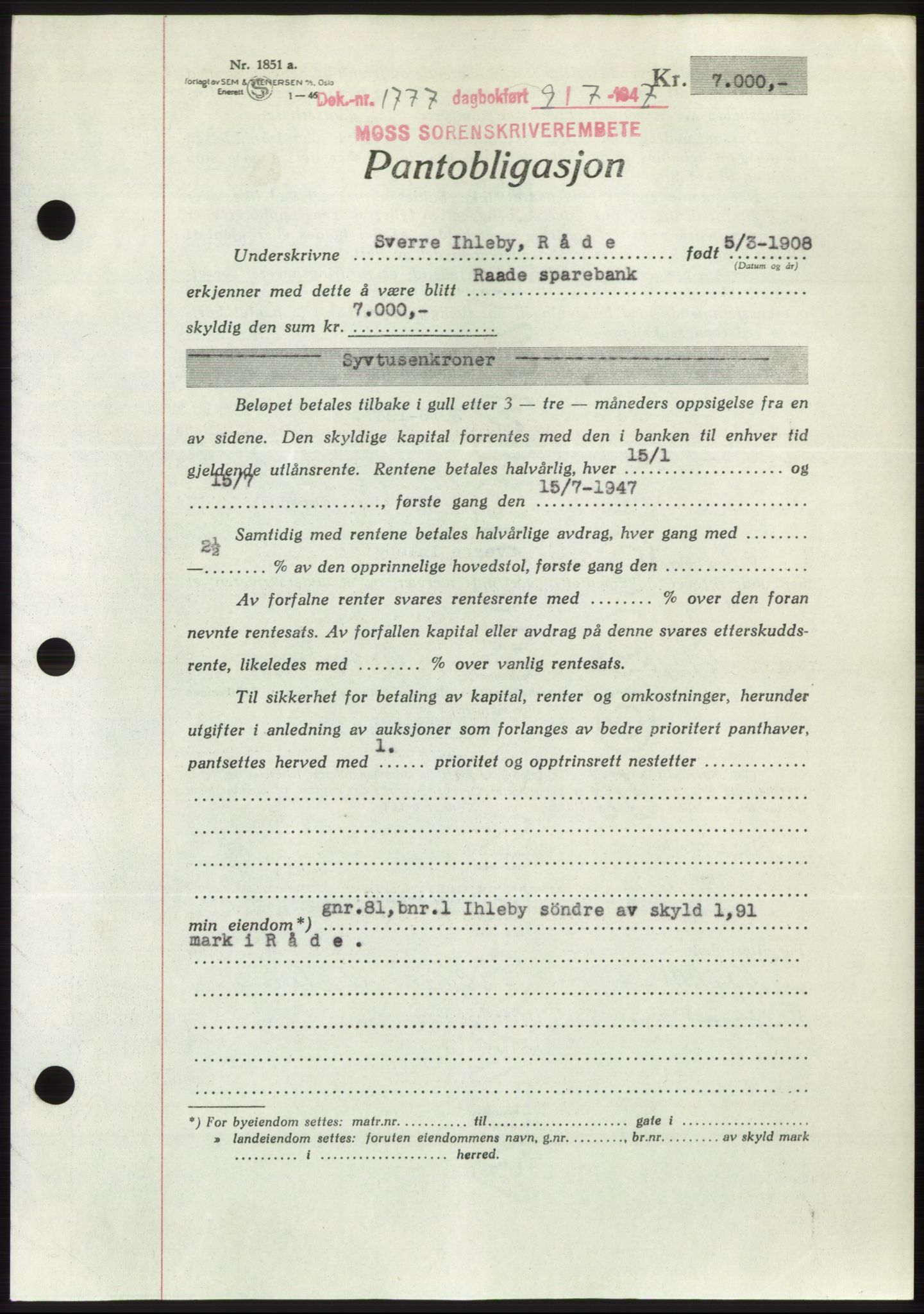 Moss sorenskriveri, SAO/A-10168: Pantebok nr. B17, 1947-1947, Dagboknr: 1777/1947